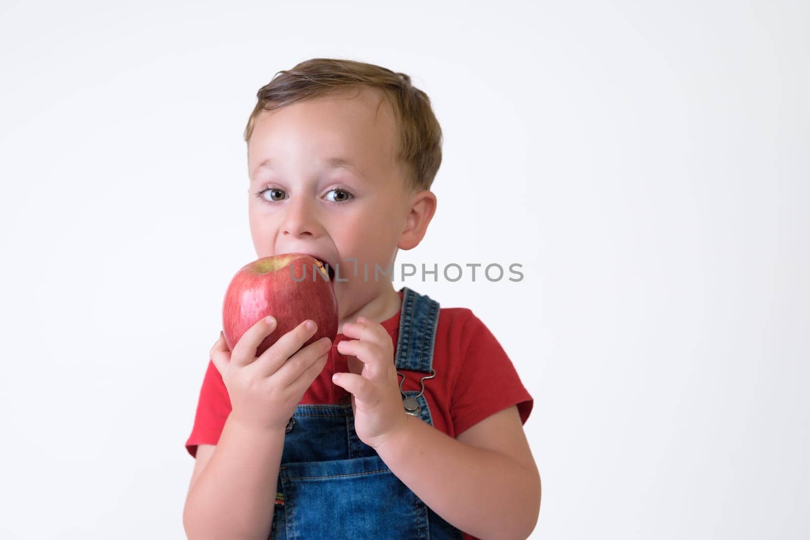 portrait of a girl eating red apple isolated on white. Healthy nutrition. free space by jcdiazhidalgo