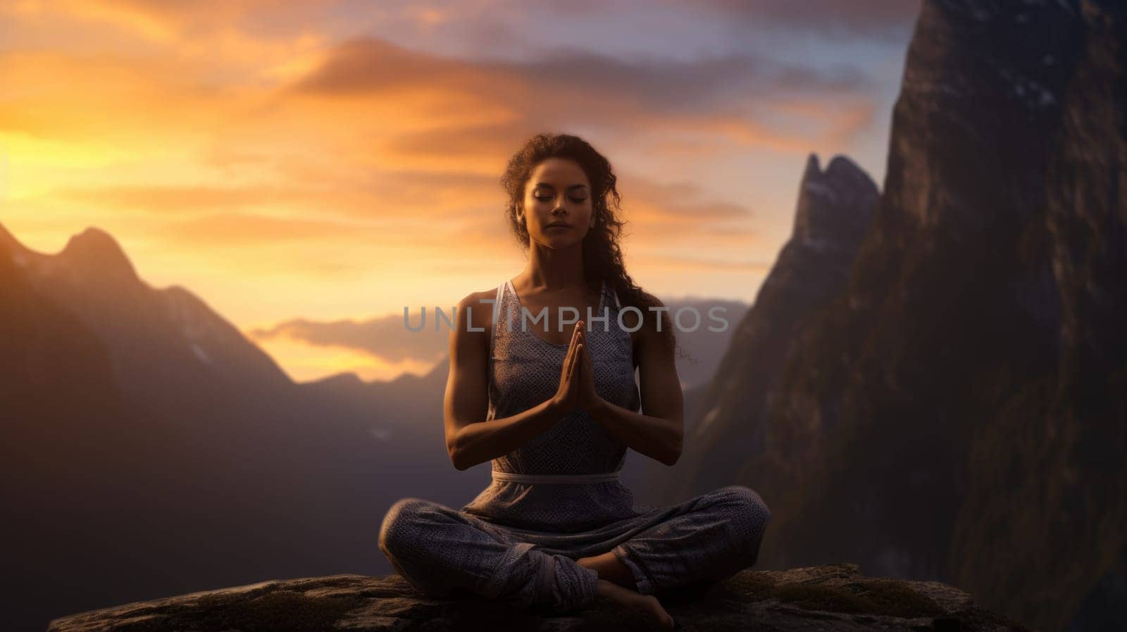 Woman in meditation Backlit Pose with calm and energy . Generative AI image weber.
