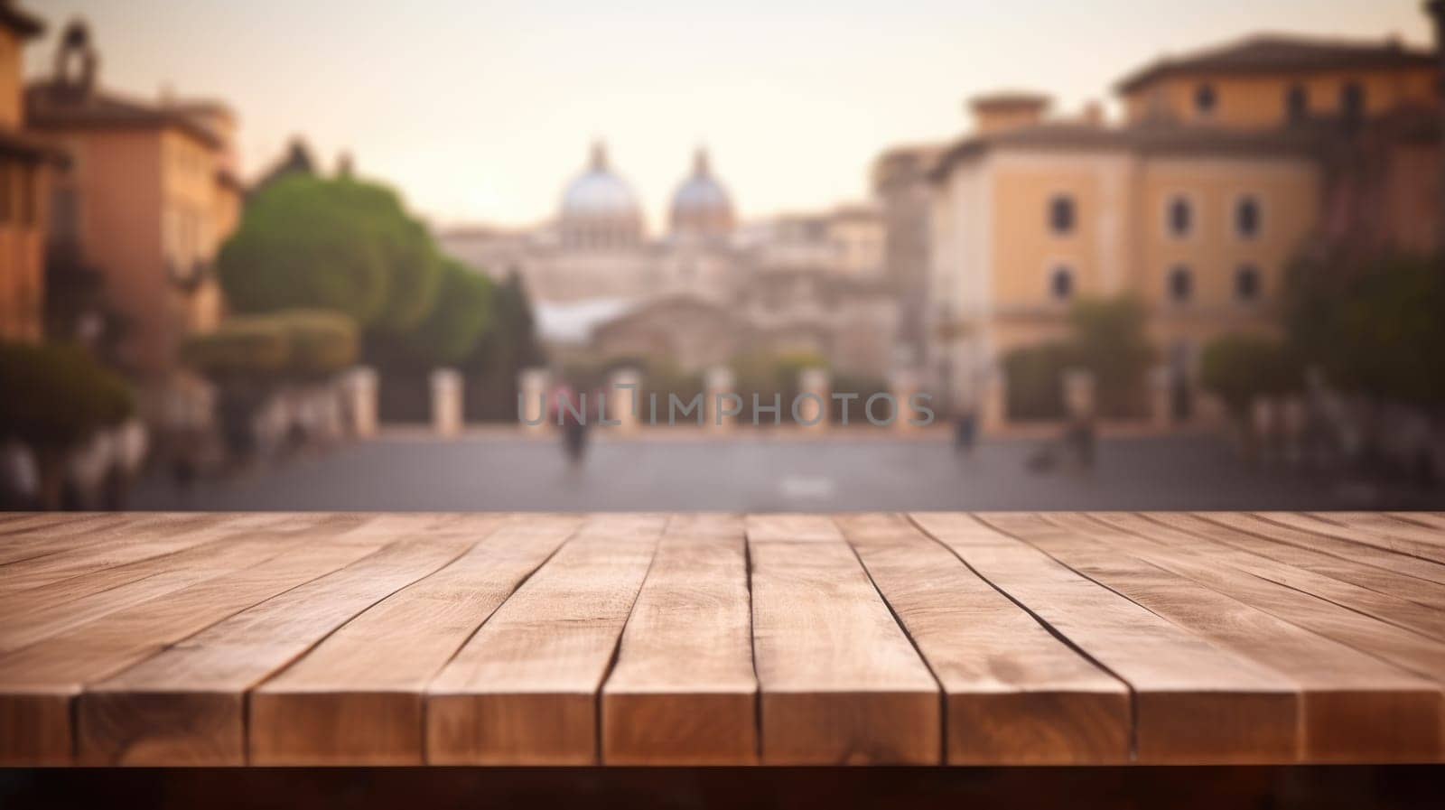 The empty wooden table top with blur background of Rome street. Exuberant image.