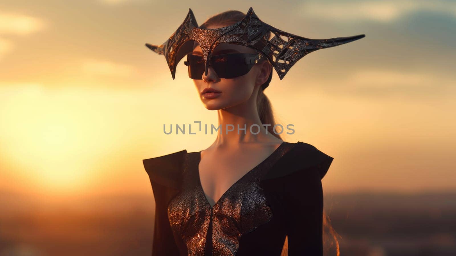 Modeling woman wearing virtual reality with haute couture dress style and shooting fashion in sunset. Generative AI AIG27. by biancoblue