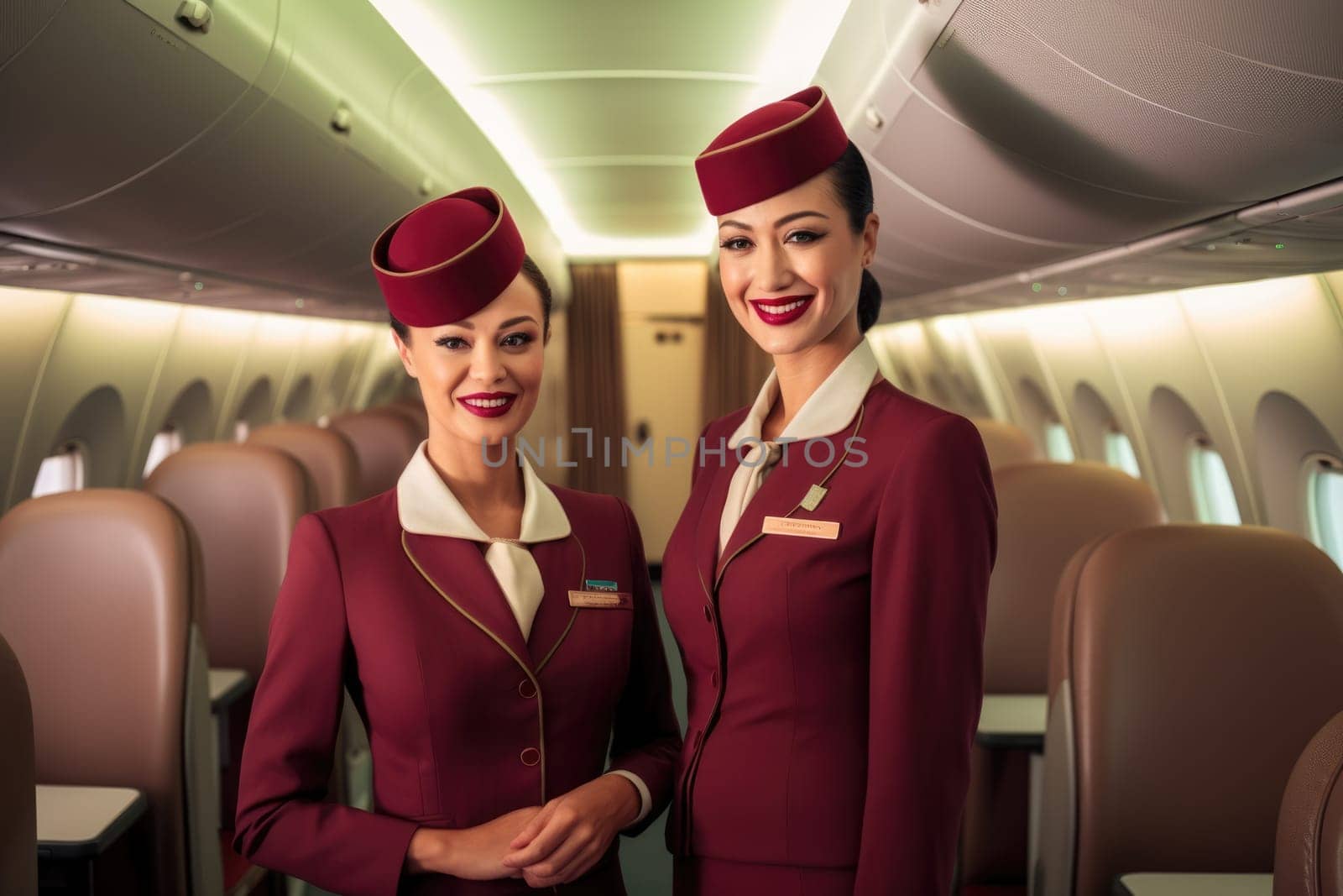 Two female on empty private jet or business class passenger seats. Picturesque generative AI