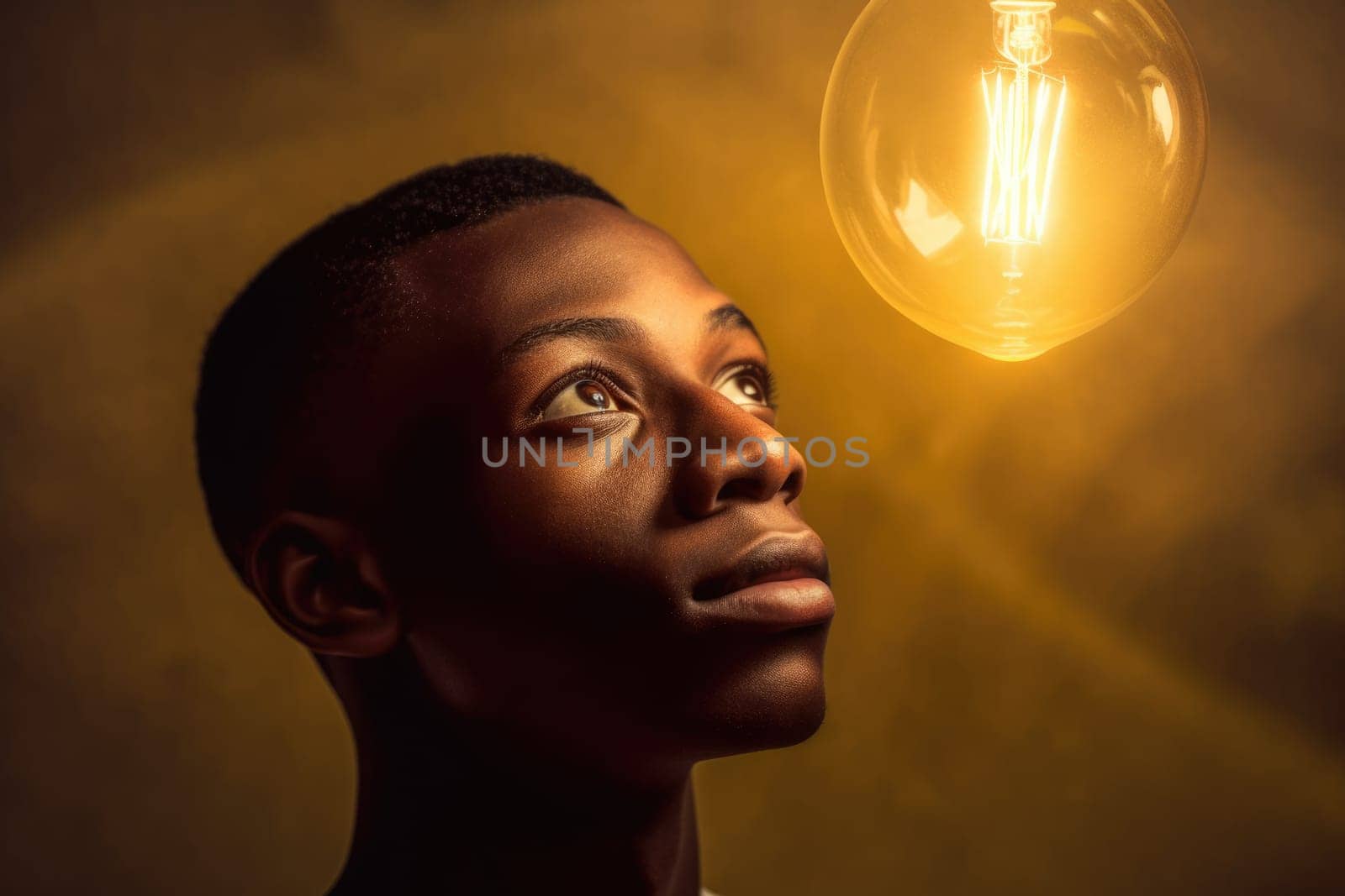 bright light bulb floating above of young african man's head. generative ai AIG32 by biancoblue
