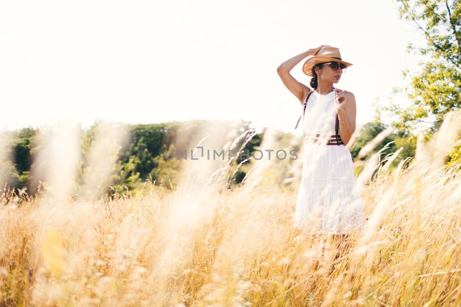 Beautiful girl in a linen dress in a wheat field. by sarymsakov