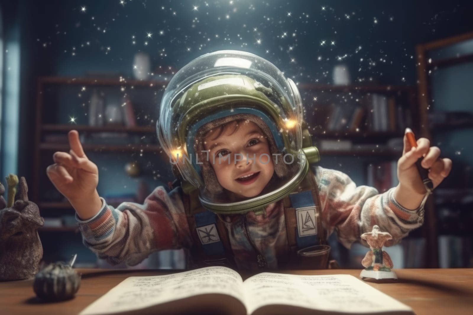 kid in spacesuit helmet floating through classroom, studying astrology. beautiful Generative AI AIG32