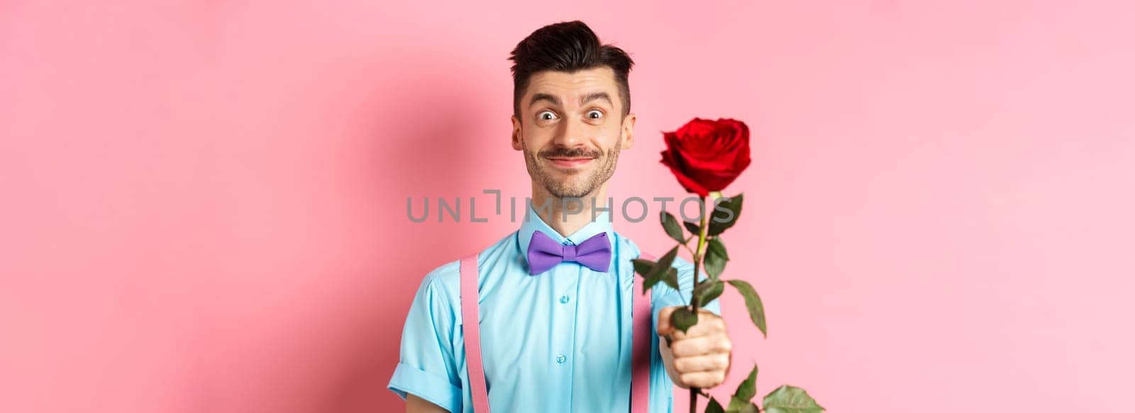 Valentines day and romance concept. Funny guy with moustache giving red rose and smiling, making romantic gesture on date, standing over pink background by Benzoix