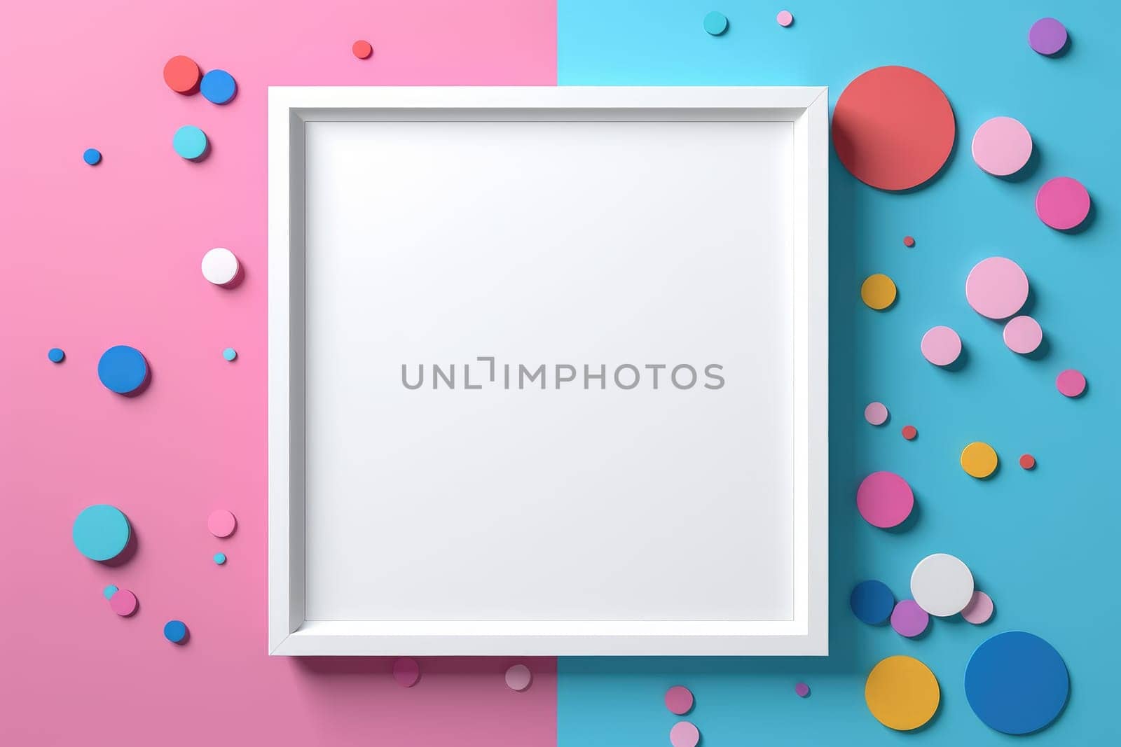 Blank mockup photo frame on colorful wall with decorations, AI Generated by Desperada