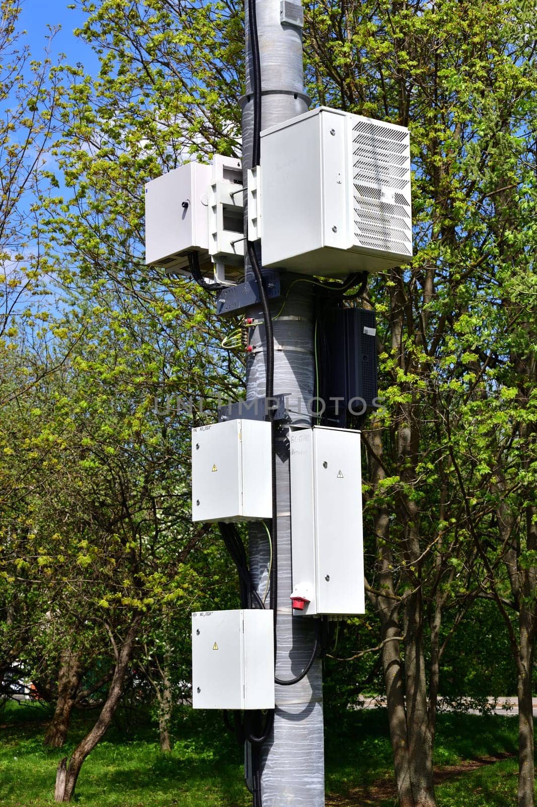 Moscow, Russia - May 14. 2021. Base stations for cellular networks on pole