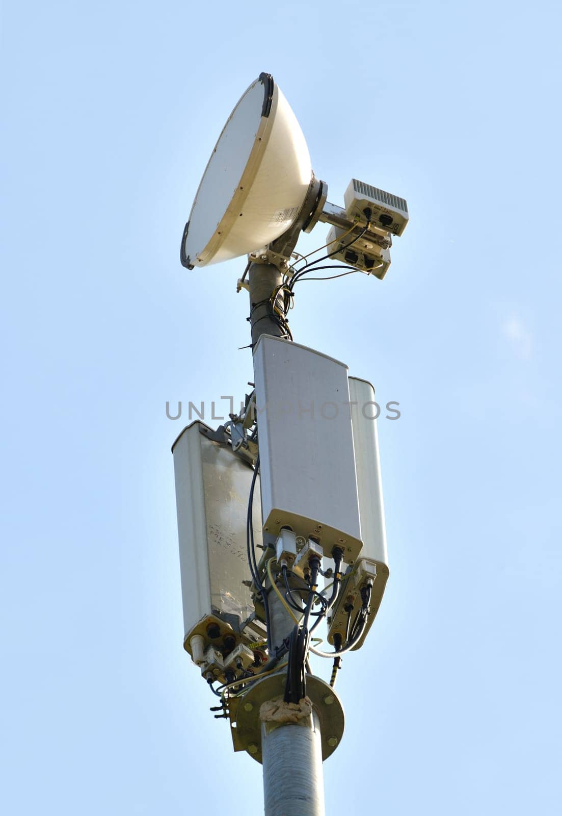 Moscow, Russia - May 14. 2021. Base stations for cellular networks on pole