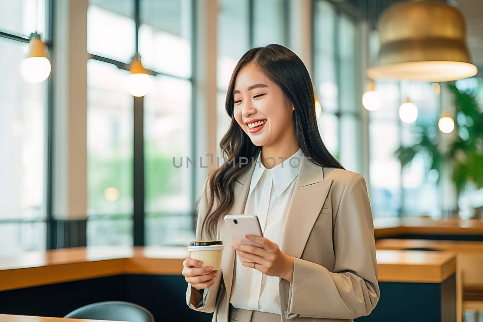 Portrait of a happy Chinese woman in a cafe talking on the phone. Generative AI. High quality illustration
