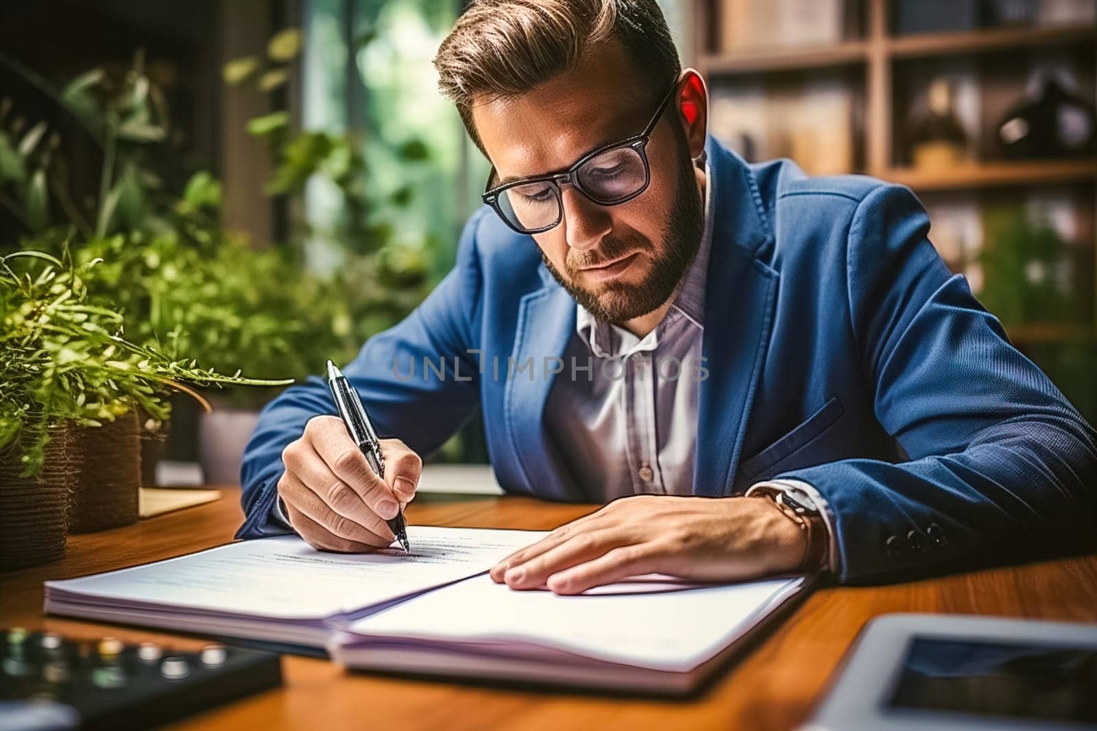 Portrait of a male leader at a desk in his office. Generative AI. High quality illustration
