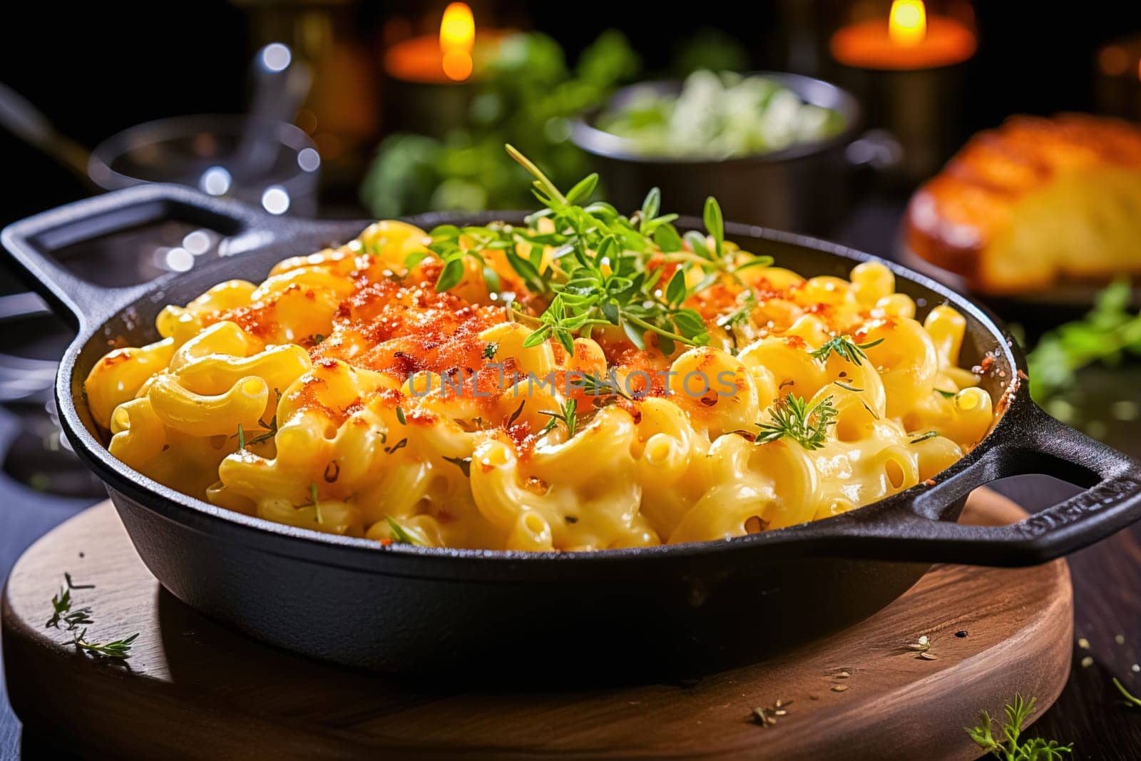 Baked macaroni and cheese in a cast iron skillet with a fried crust. Generative AI. High quality illustration