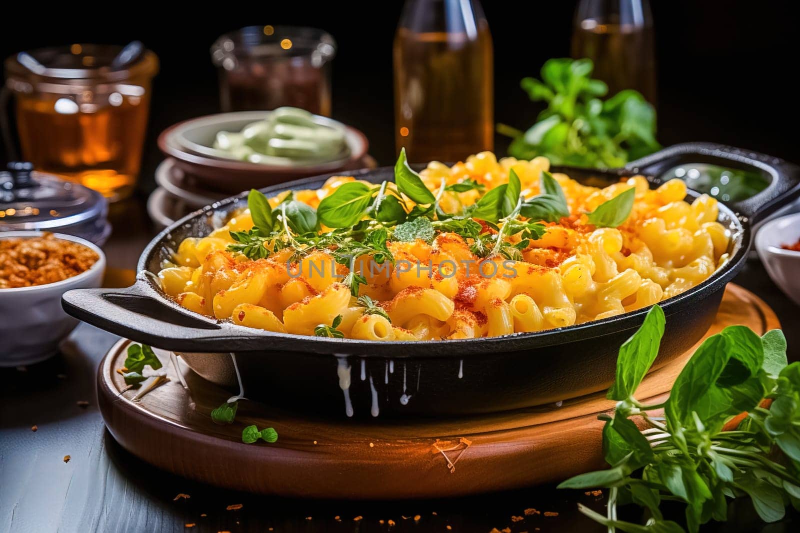 Baked macaroni and cheese in a cast iron skillet with a fried crust. Generative AI. High quality illustration
