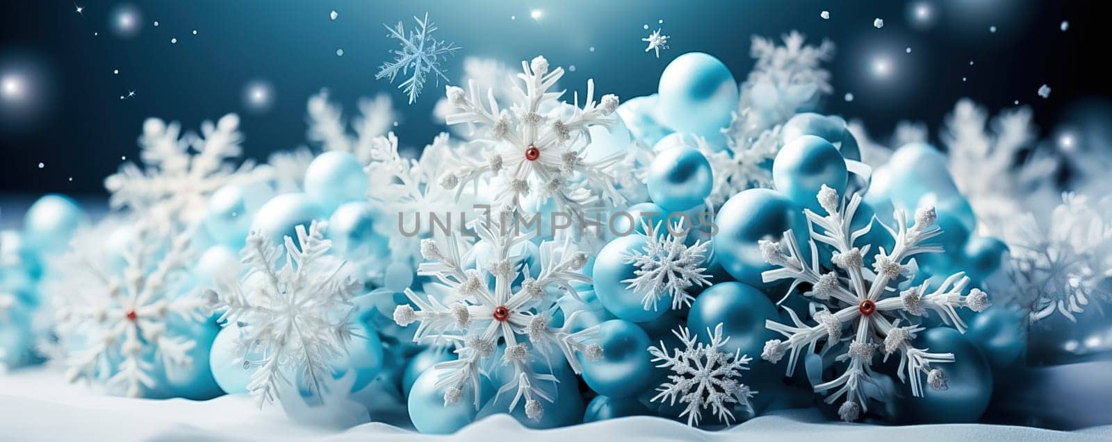 Winter Christmas blue background with fir trees, with snow and snowflakes. Generative AI. High quality illustration