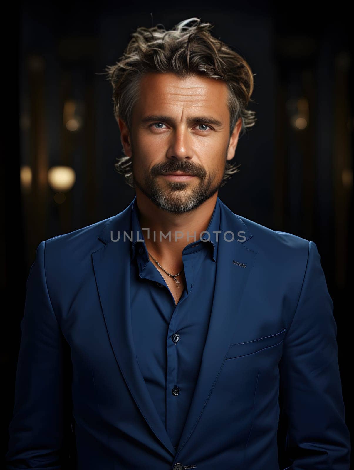 handsome businessman with a beard posing in a blue jacket - AI generative