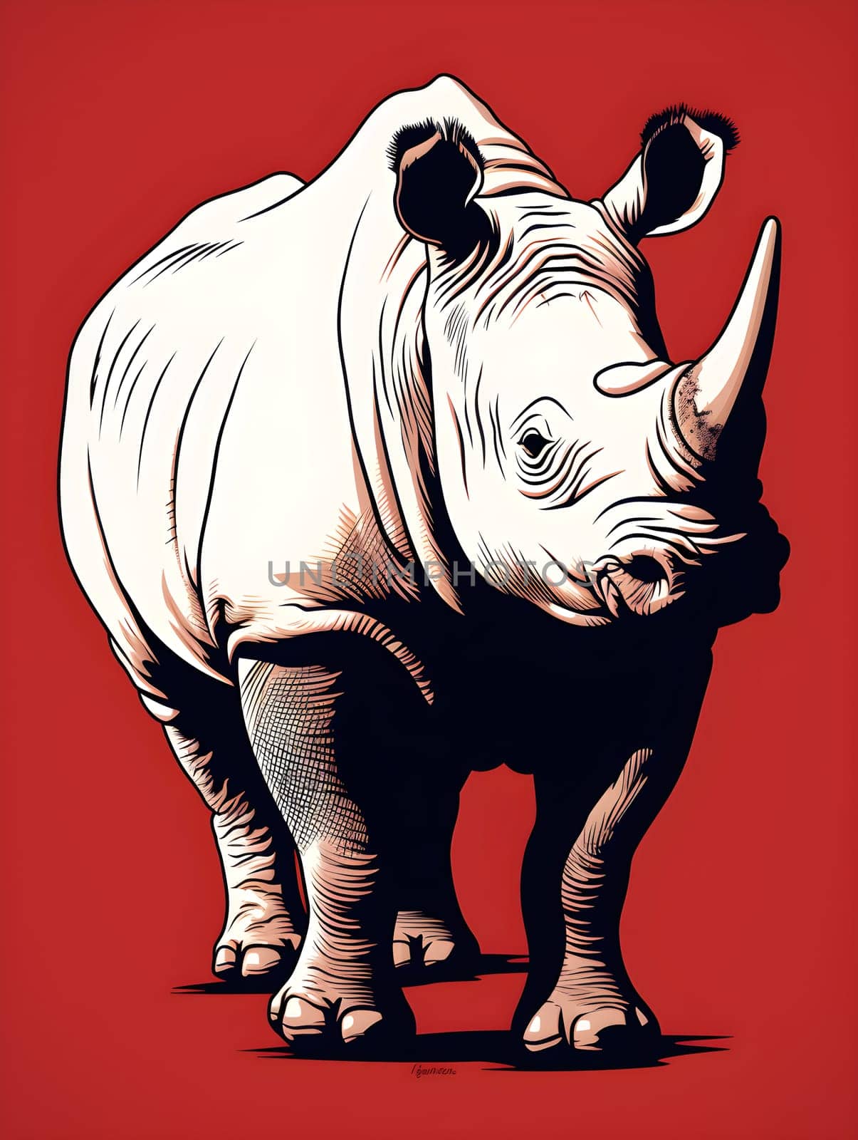 black and white rhinoceros on red background - minimalist style, generative AI by chrisroll