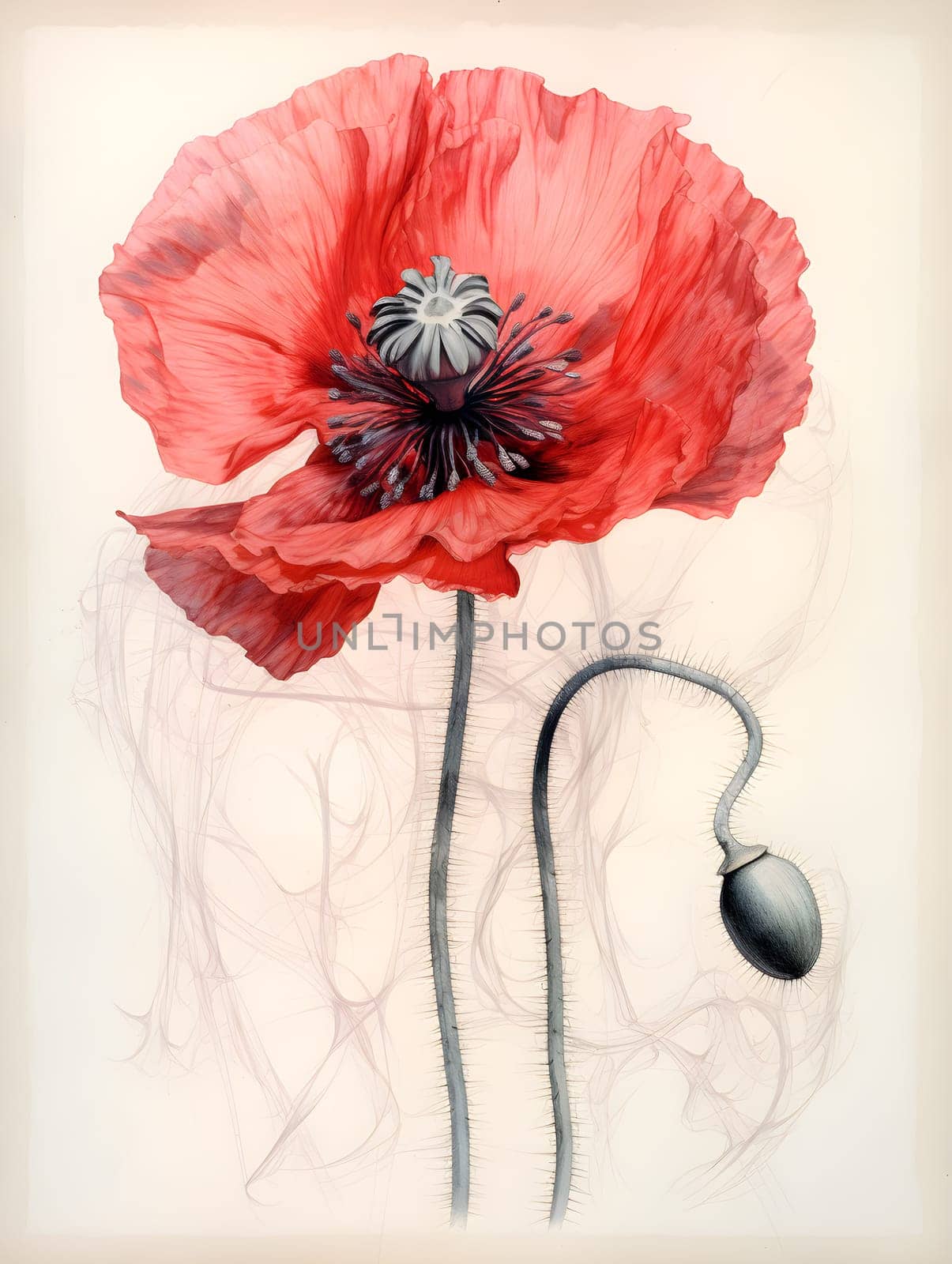 Red poppy watercolor painting on white background - generative AI by chrisroll