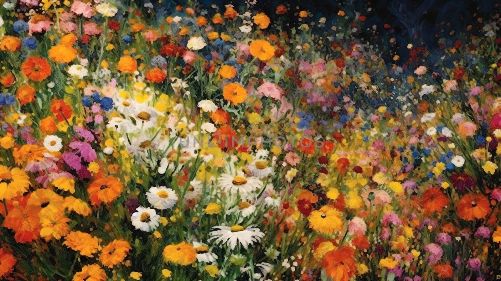 Painting with various colorful flowers in a meadow, generative AI, AI generated