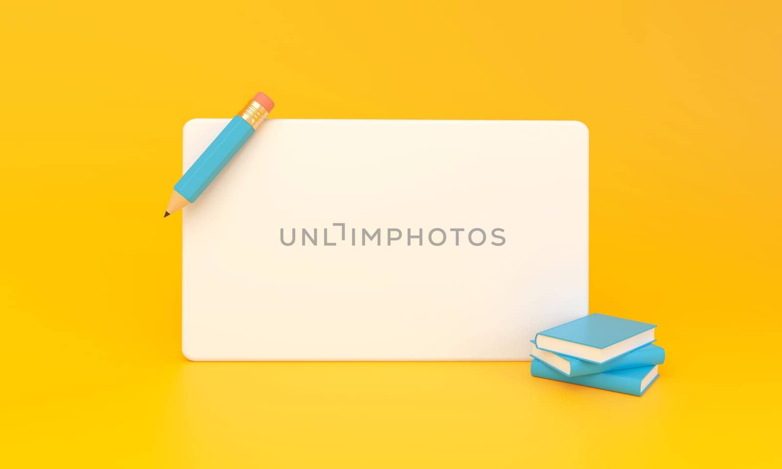 Empty reminder pop up with pencil and books icon on yellow background. 3D rendering.