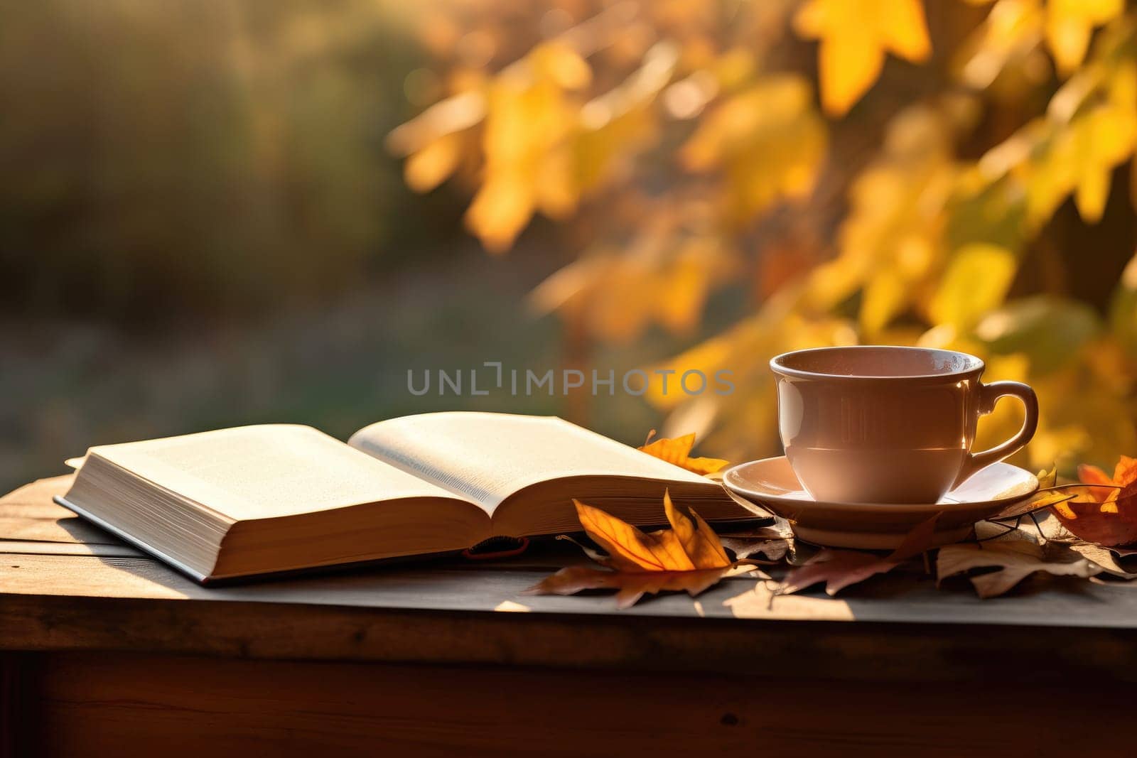 Fall season. Cup of hot tea and book in the park, autumn leaves , AI Generated