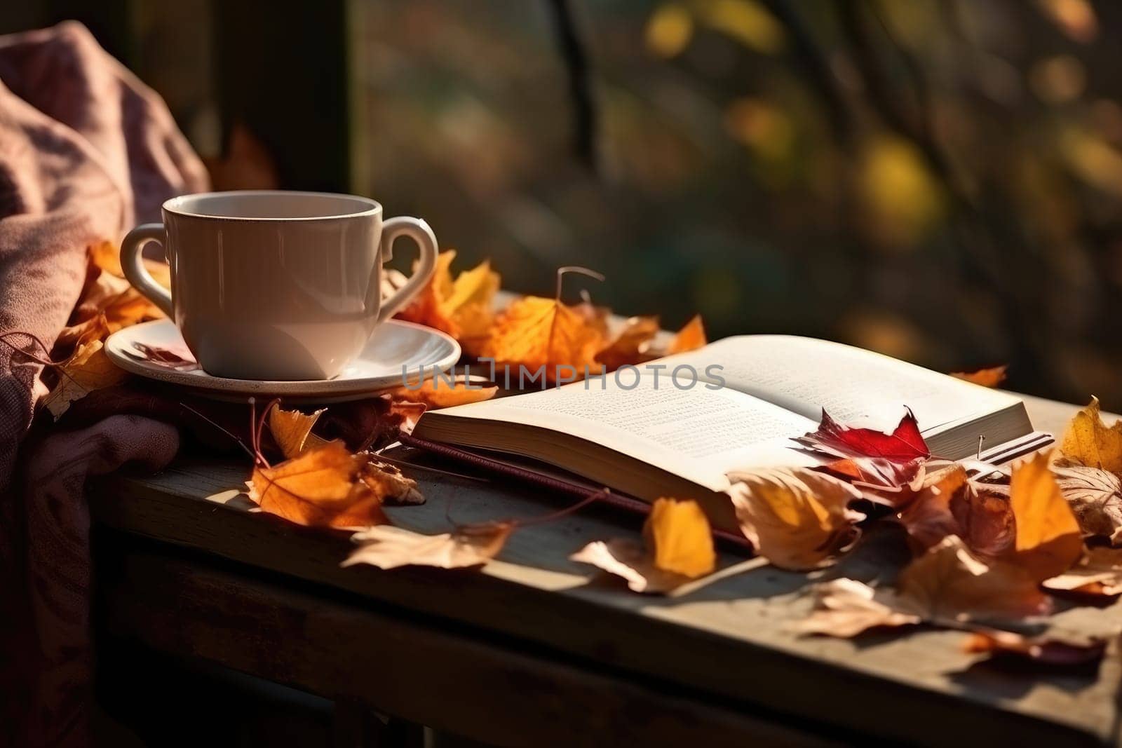 Fall season. Cup of hot tea and book in the park, autumn leaves , AI Generated