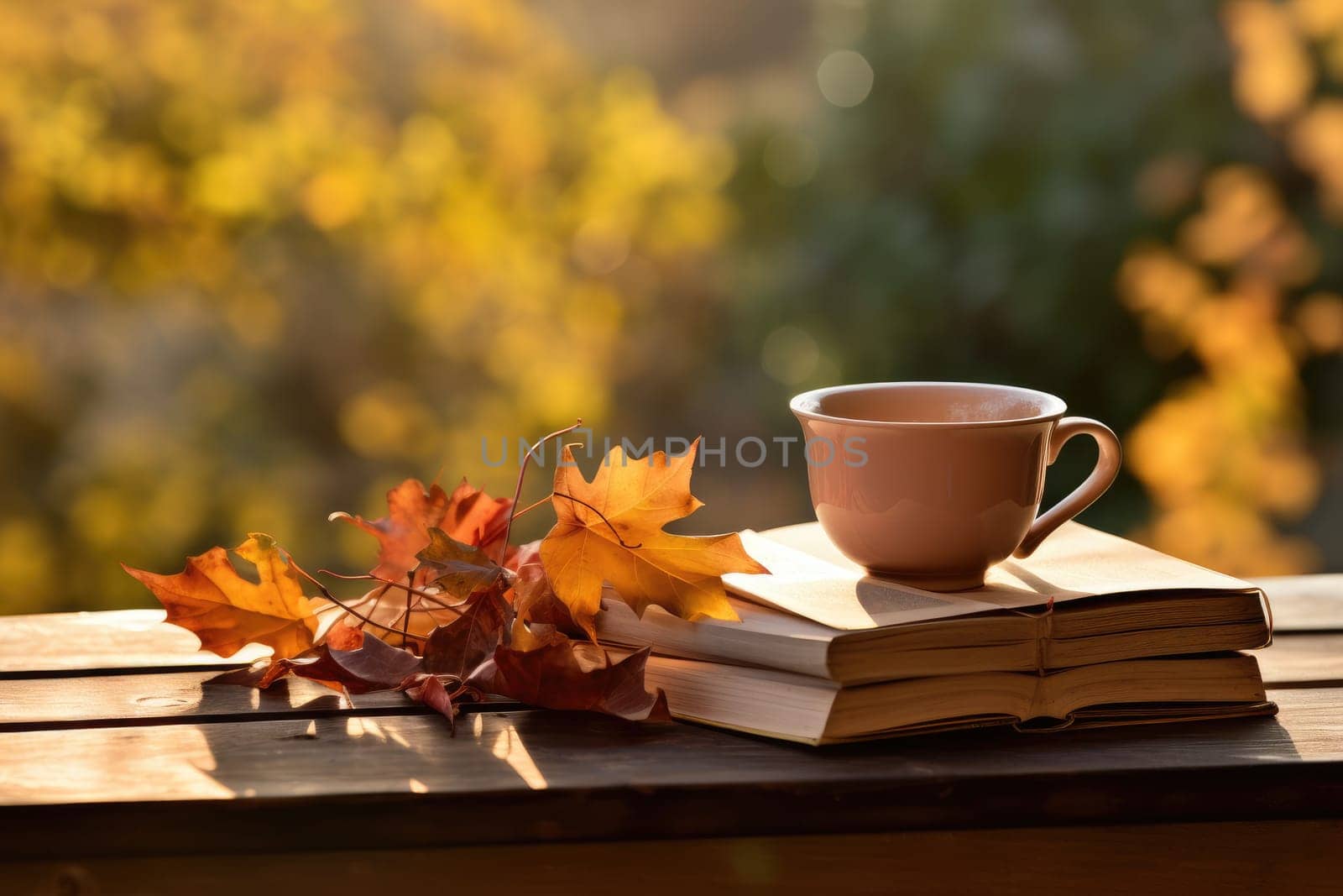 Fall season. Cup of hot tea and book in the park, autumn leaves , AI Generated