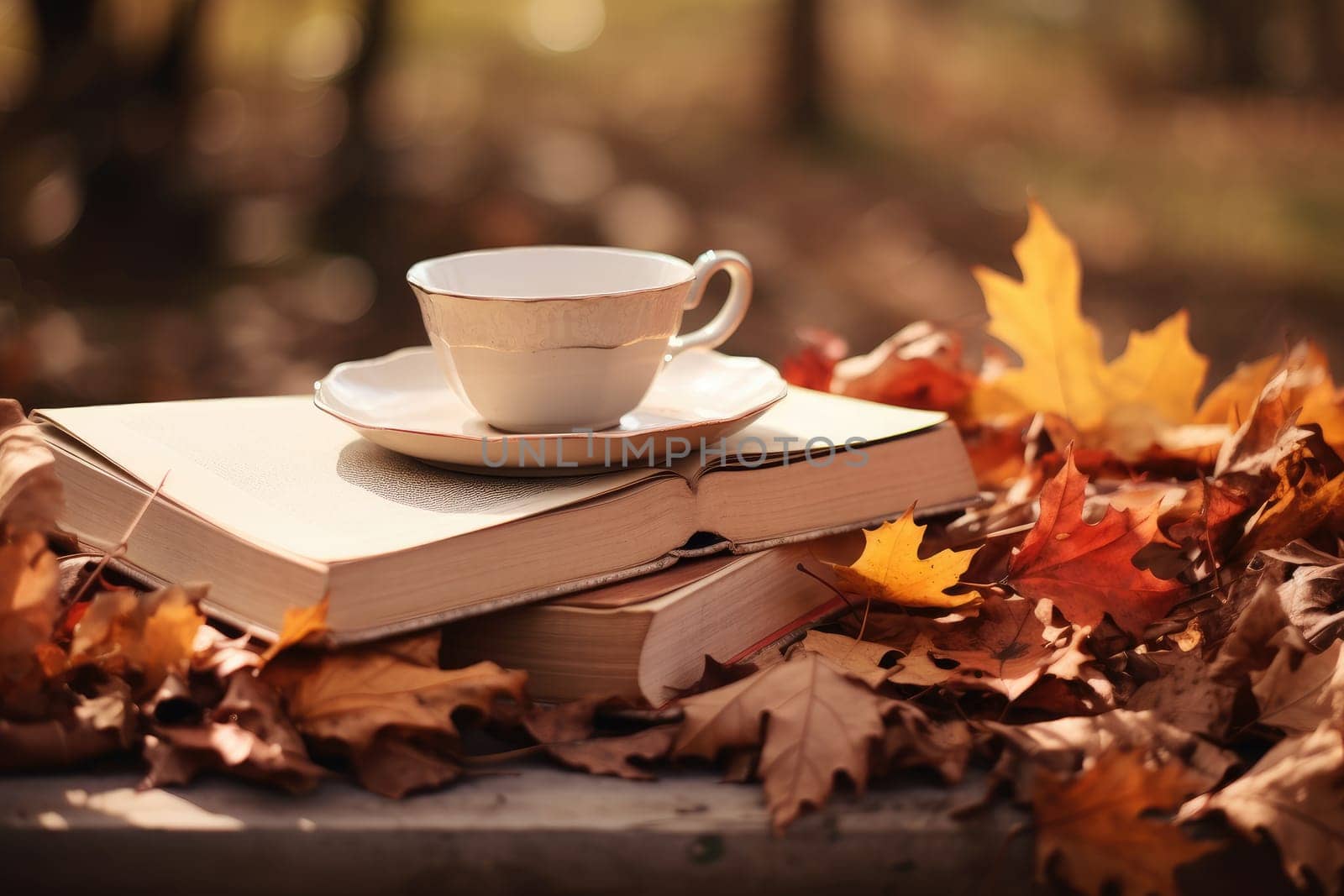 Cup of hot tea and book in the park, autumn leaves , AI Generated by Desperada