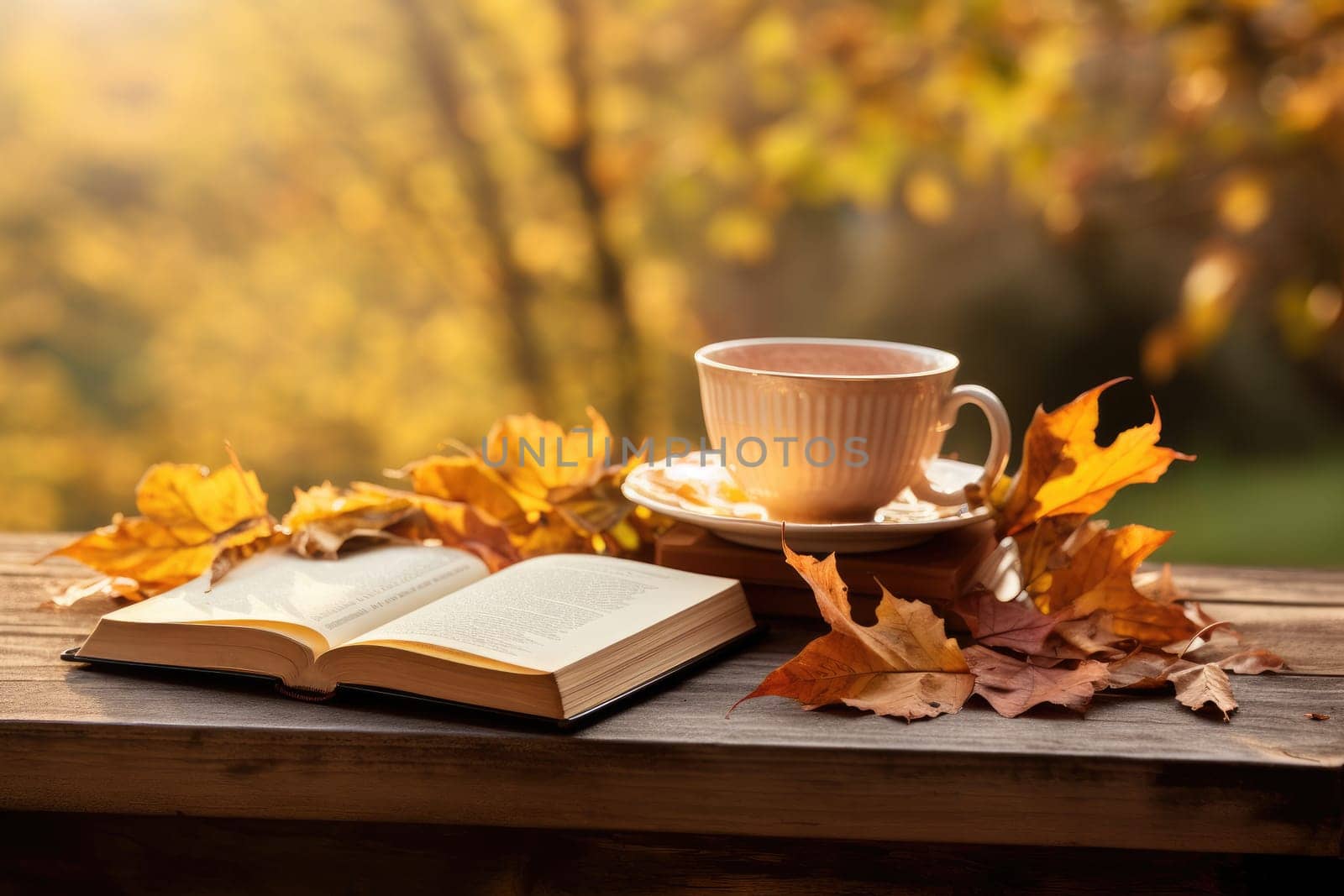 Fall season. Cup of hot tea and book in the park, autumn leaves , AI Generated