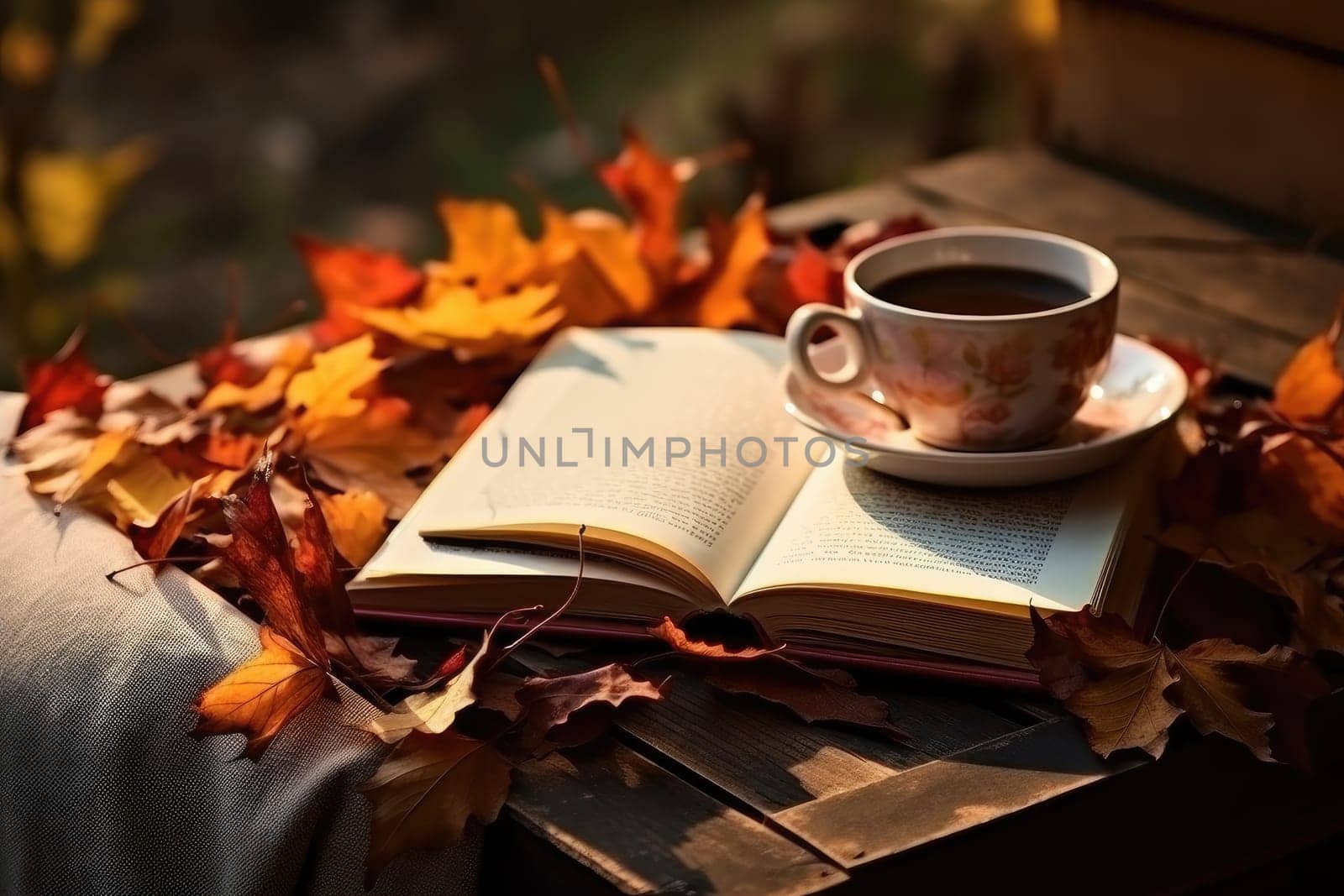 Cup of hot tea and book in the park, autumn leaves , AI Generated by Desperada