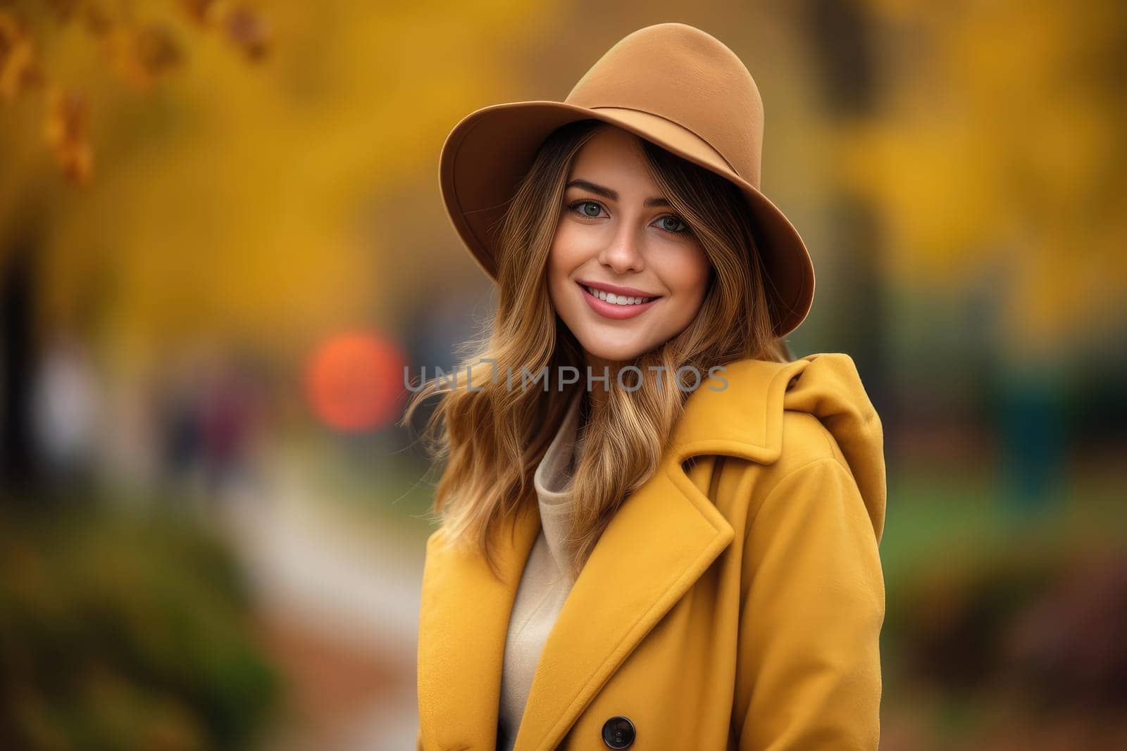 Autumn season. Woman dressed in coat and hat outside in autumn day, colorful trees on the background. AI Generative