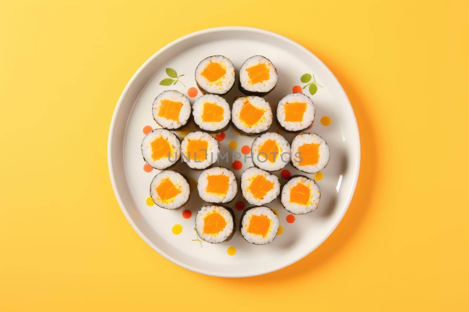 Minimal food. Sushi rolls on bright background, AI Generated. High quality photo