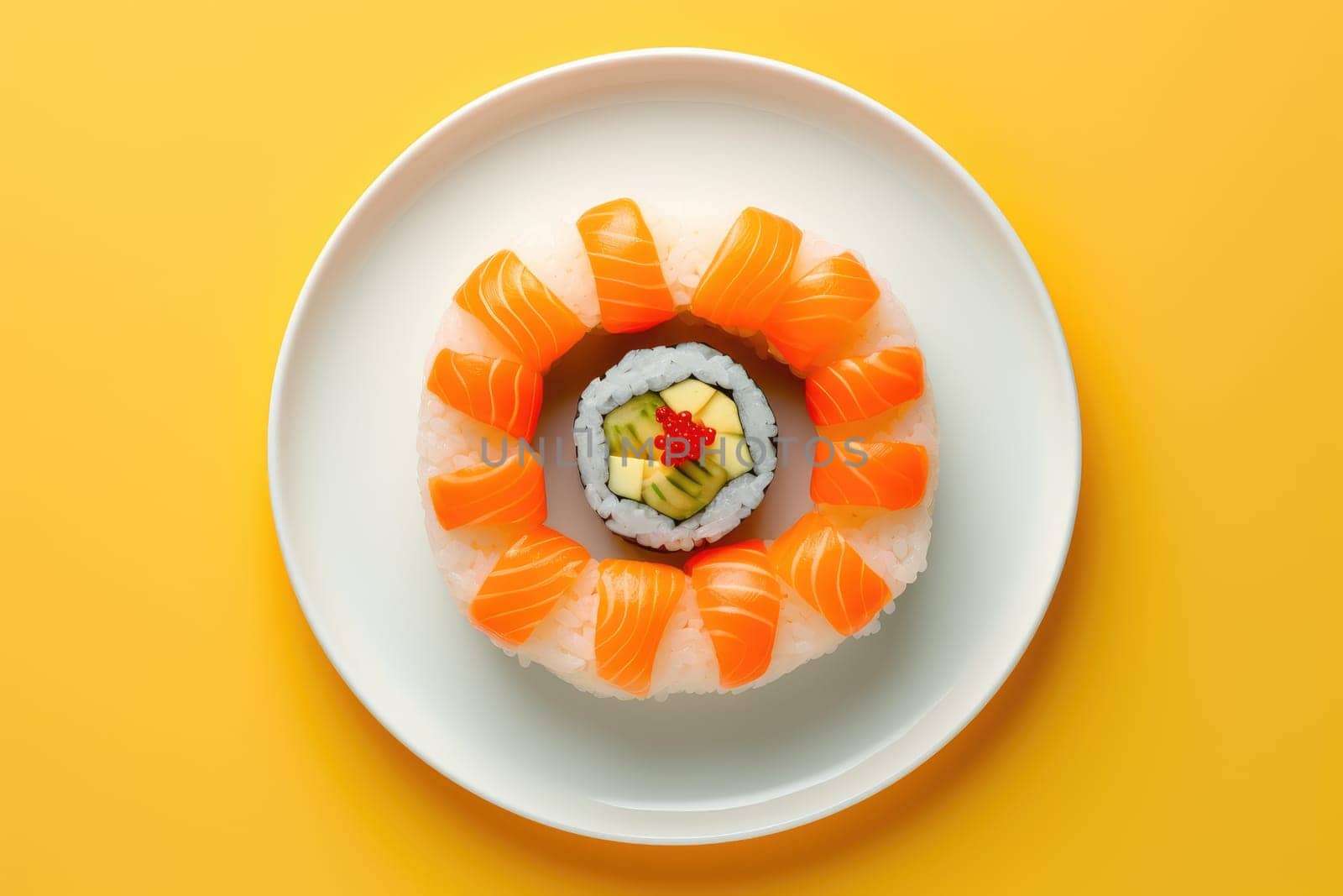 Sushi rolls on bright background, AI Generated by Desperada