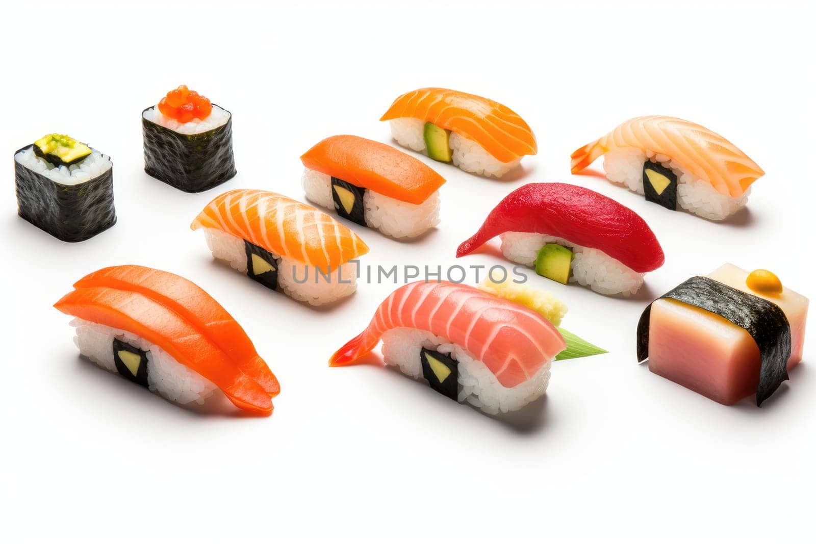 Minimal food. Sushi rolls on white background, AI Generated. High quality photo