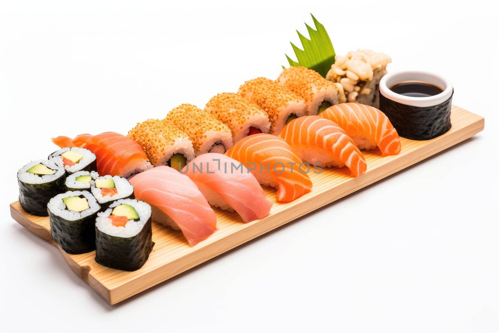 Sushi rolls on white background, AI Generated by Desperada