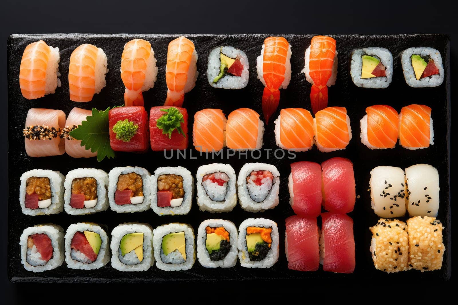 Minimal food. Sushi rolls on black background, AI Generated. High quality photo