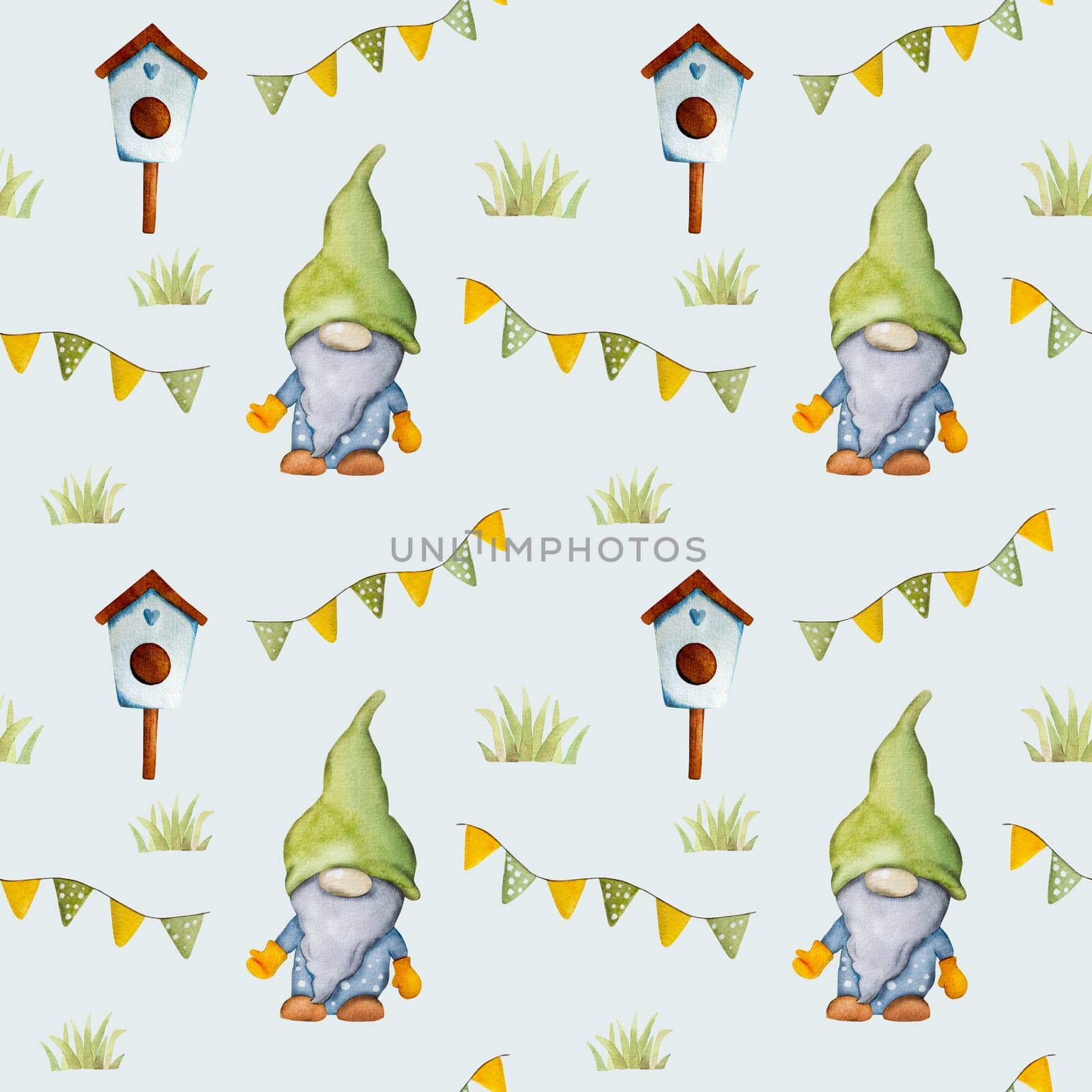 Garden dwarf with bird house in green grass watercolor cartoon painting seamless pattern. Cute gnome aquarelle drawing