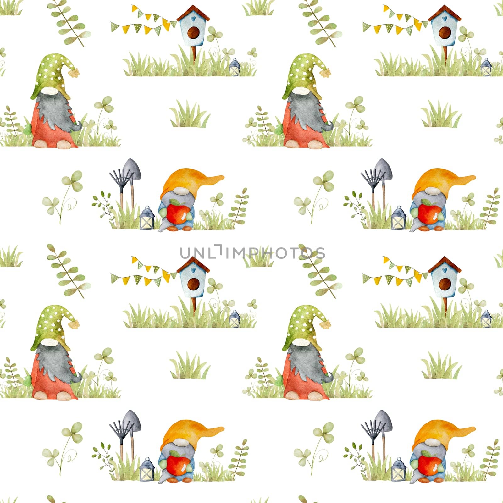 Garden dwarf with bird house in green grass watercolor cartoon painting seamless pattern. Cute gnome aquarelle drawing