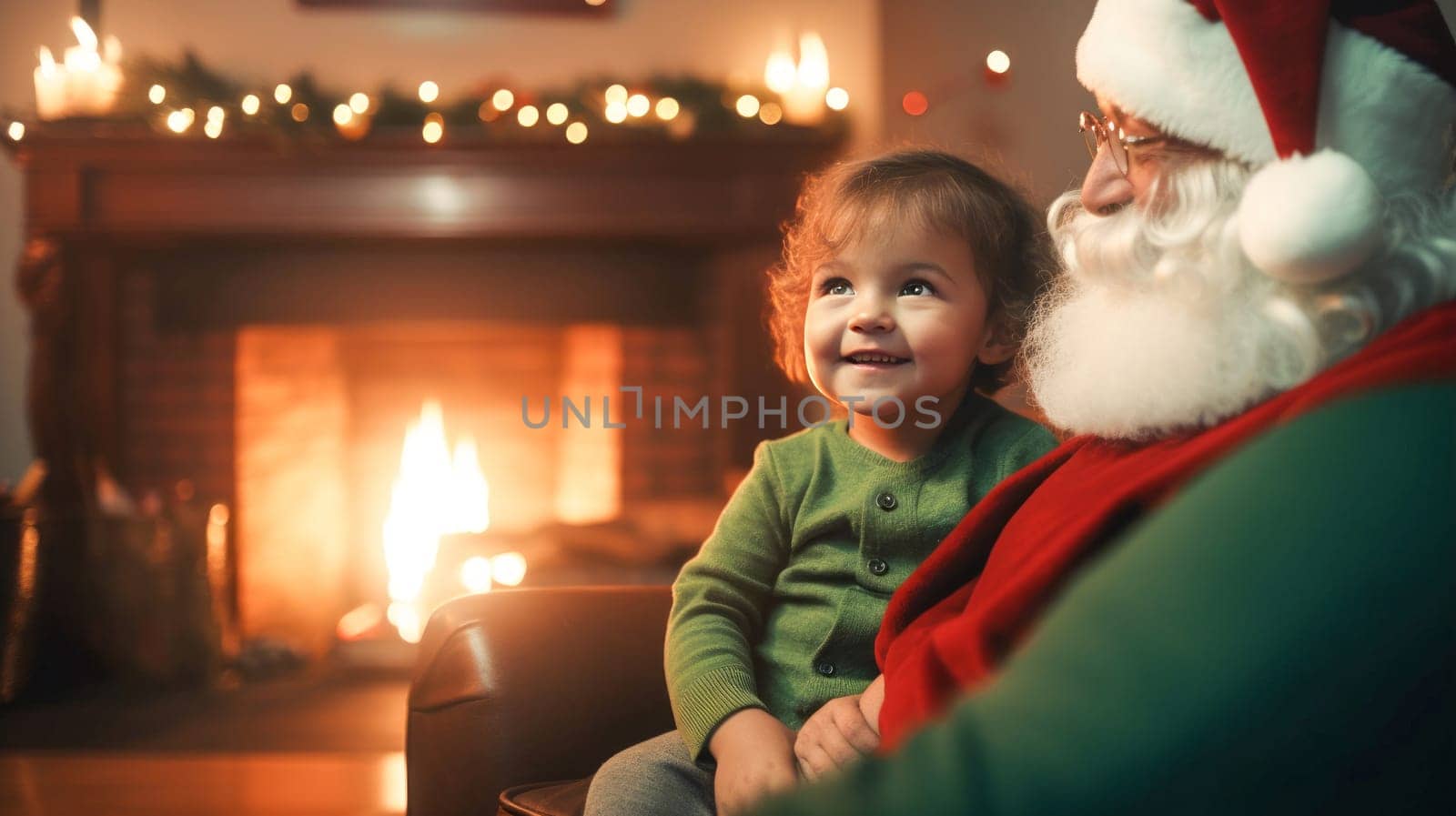 Small child sitting with Santa Clause on Christmas, fireplace on background. Generative Ai