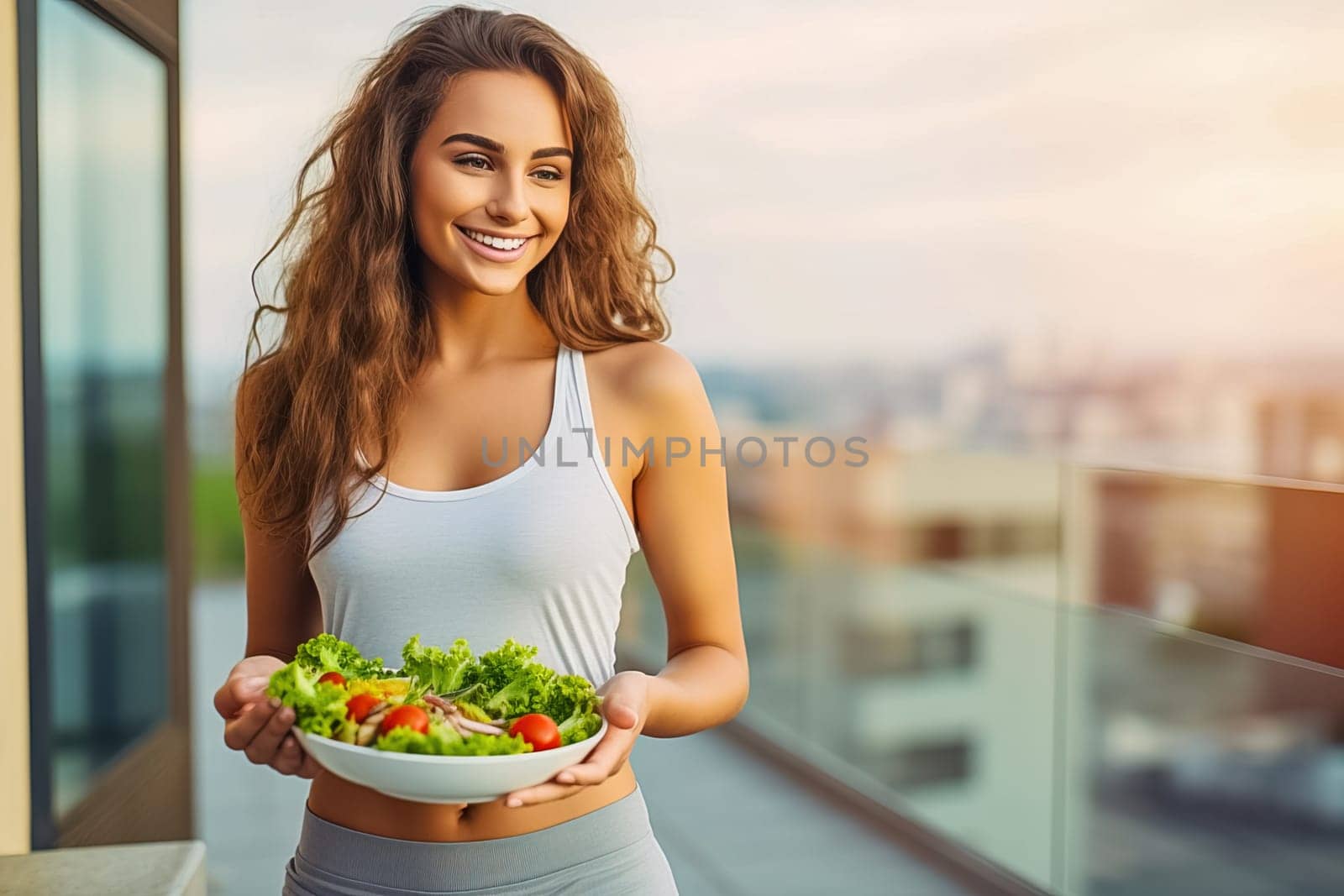 Young woman after a workout with a plate of healthy salad. The concept of fitness and healthy lifestyle. Generative AI by Yurich32