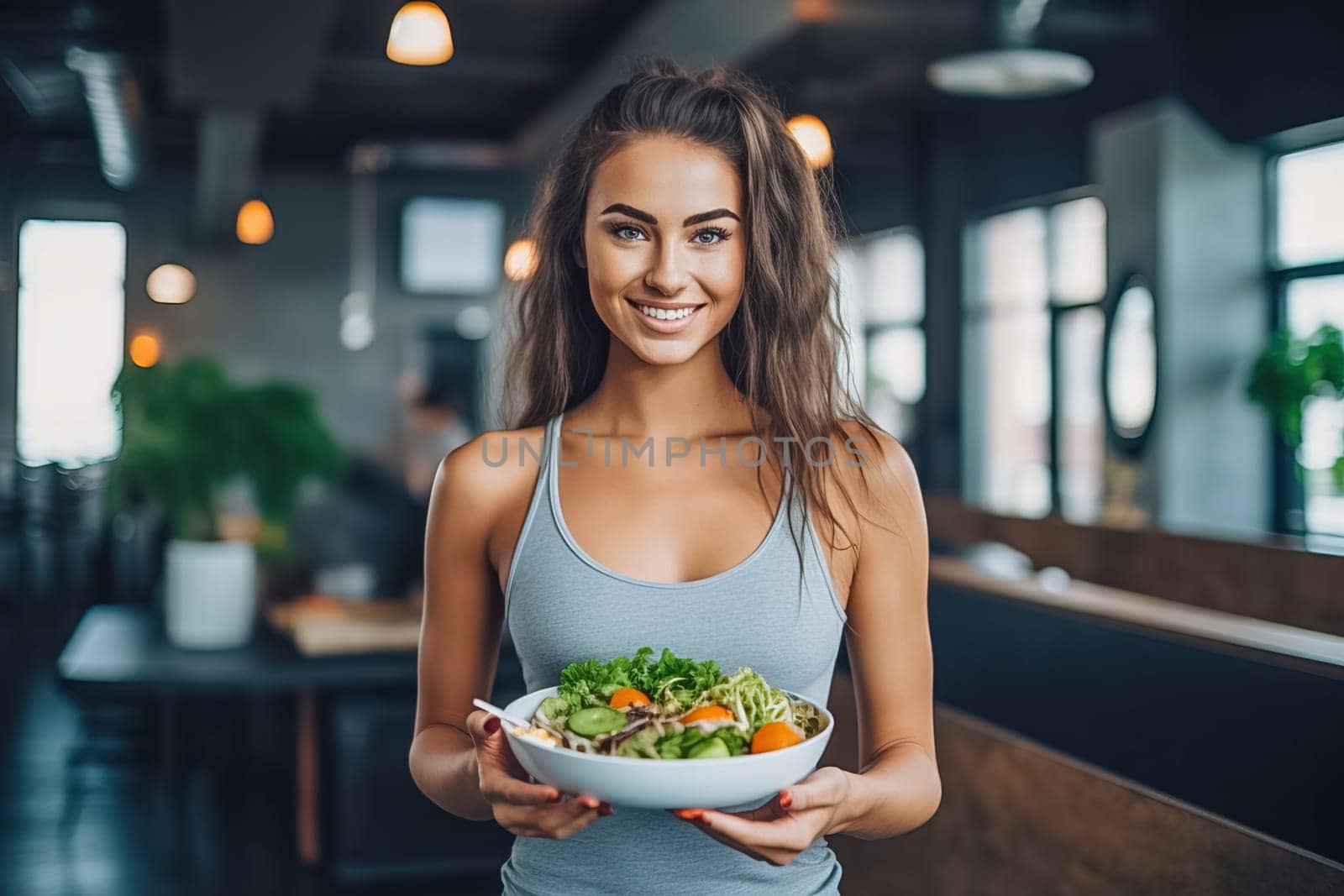 Young woman after a workout with a plate of healthy salad. The concept of fitness and healthy lifestyle. Generative AI by Yurich32