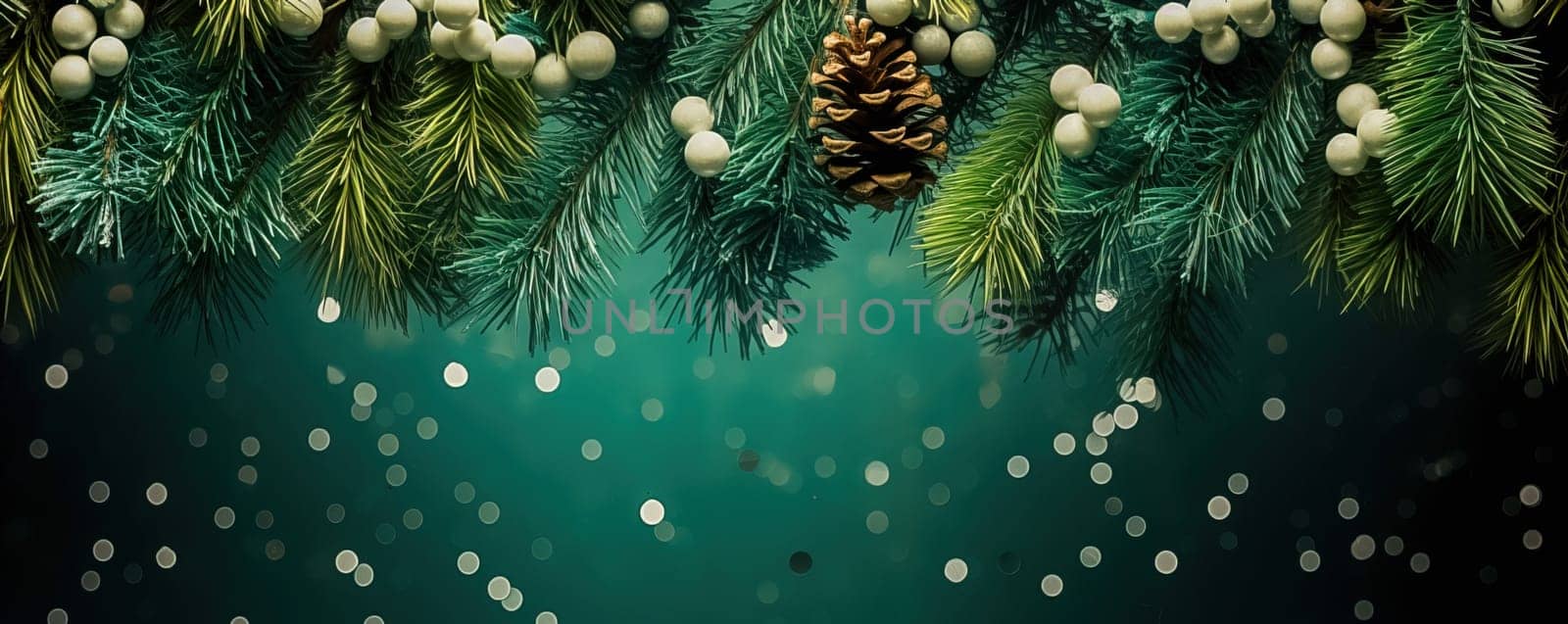 Christmas tree with Christmas balls as background, banner. Generative AI. High quality illustration