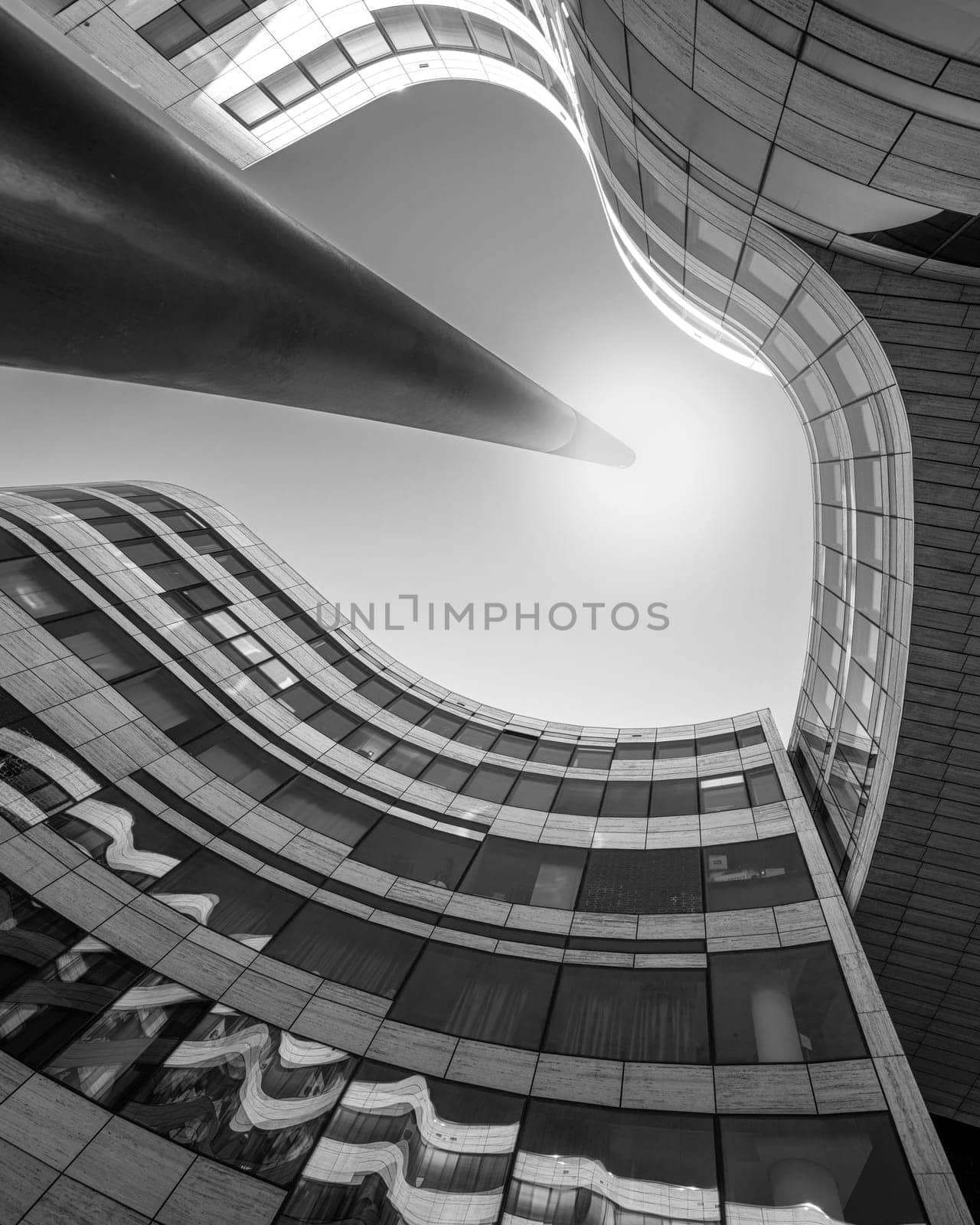 DUSSELDORF, GERMANY - JUNE 25, 2023: Low angle view to modern buildings in the city of Dusseldorf on June 25, 2023 in Germany, Europe