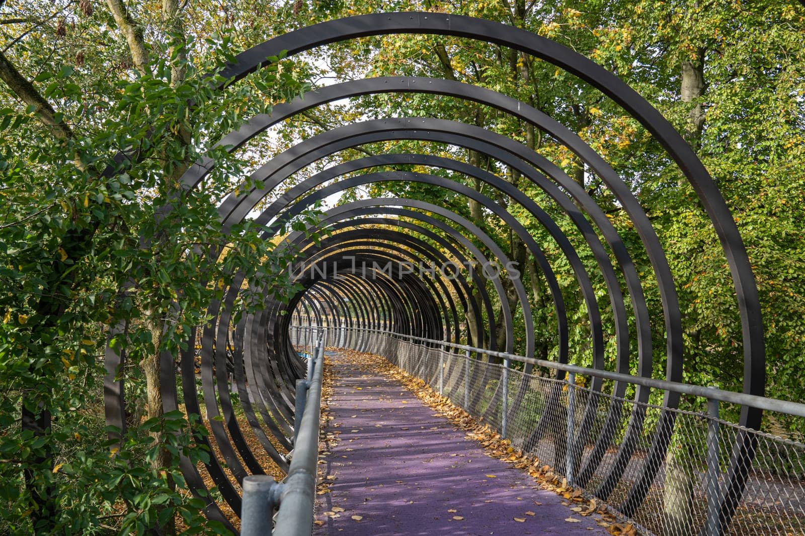 Panoramic image of bridge Slinky Springs to Fame, landmark of Ruhr metropolis Oberhausen, North Rhine Westphalia, Germany