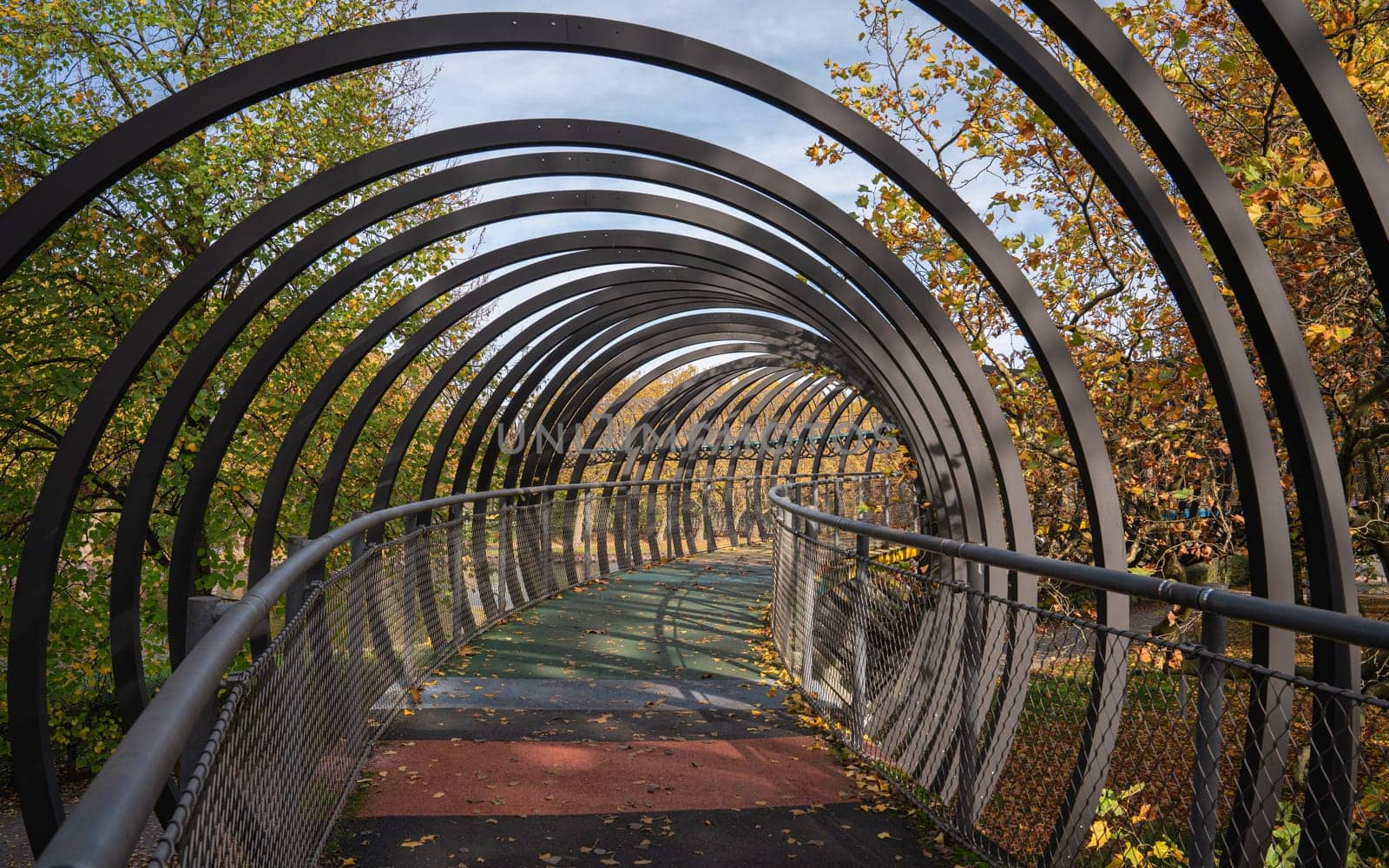 Panoramic image of bridge Slinky Springs to Fame, landmark of Ruhr metropolis Oberhausen, North Rhine Westphalia, Germany