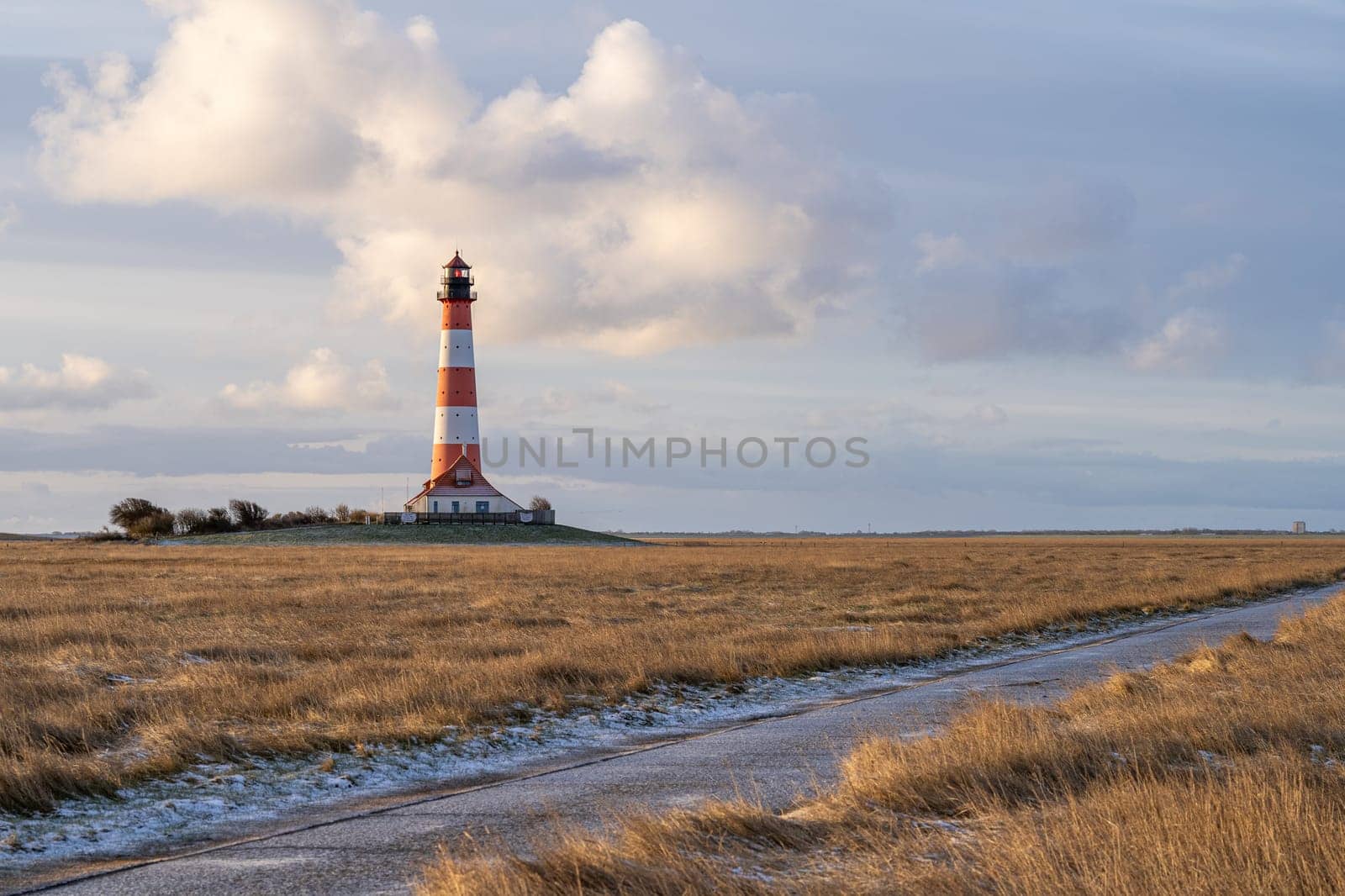 Panoramic image of Westerhever lighthouse against sky, North Frisia, Germany 