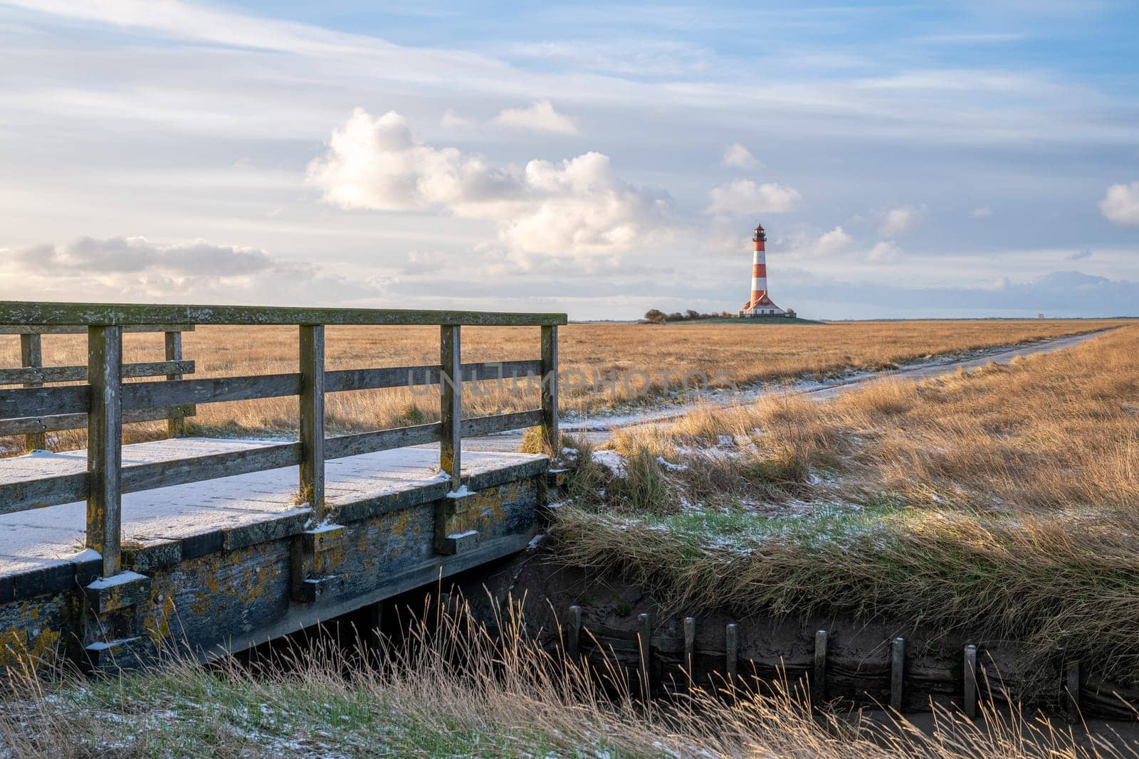 Panoramic image of Westerhever lighthouse against sky, North Frisia, Germany 