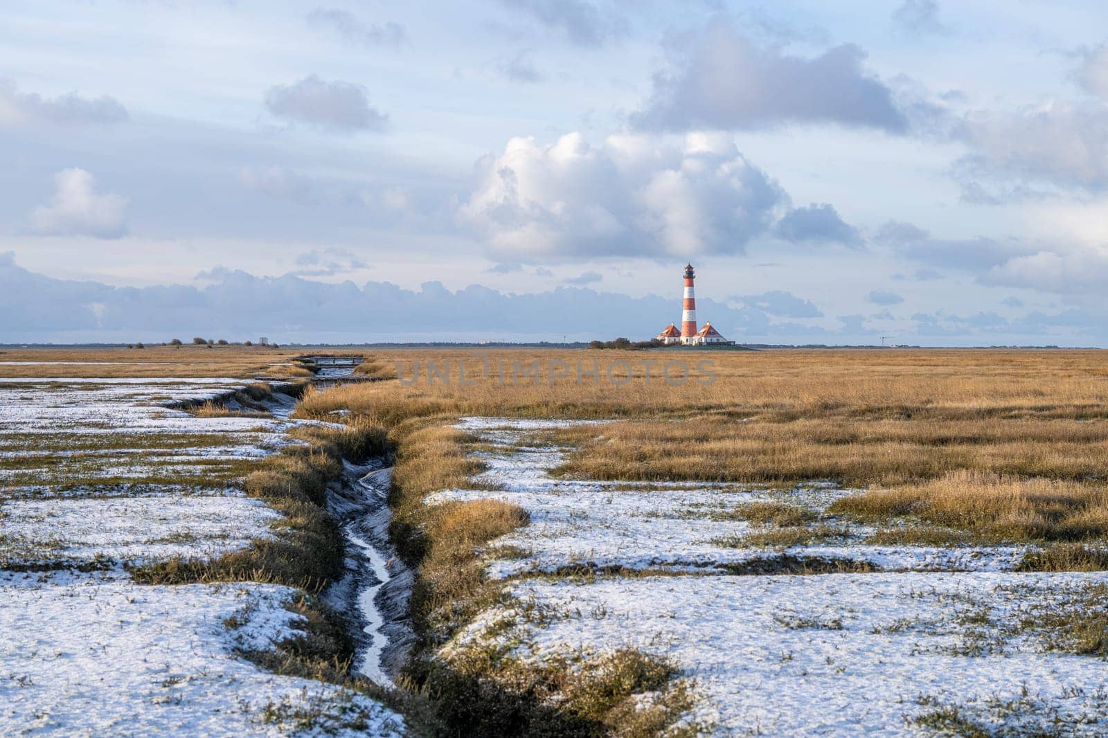 Panoramic image of Westerhever lighthouse against sky, North Frisia, Germany 