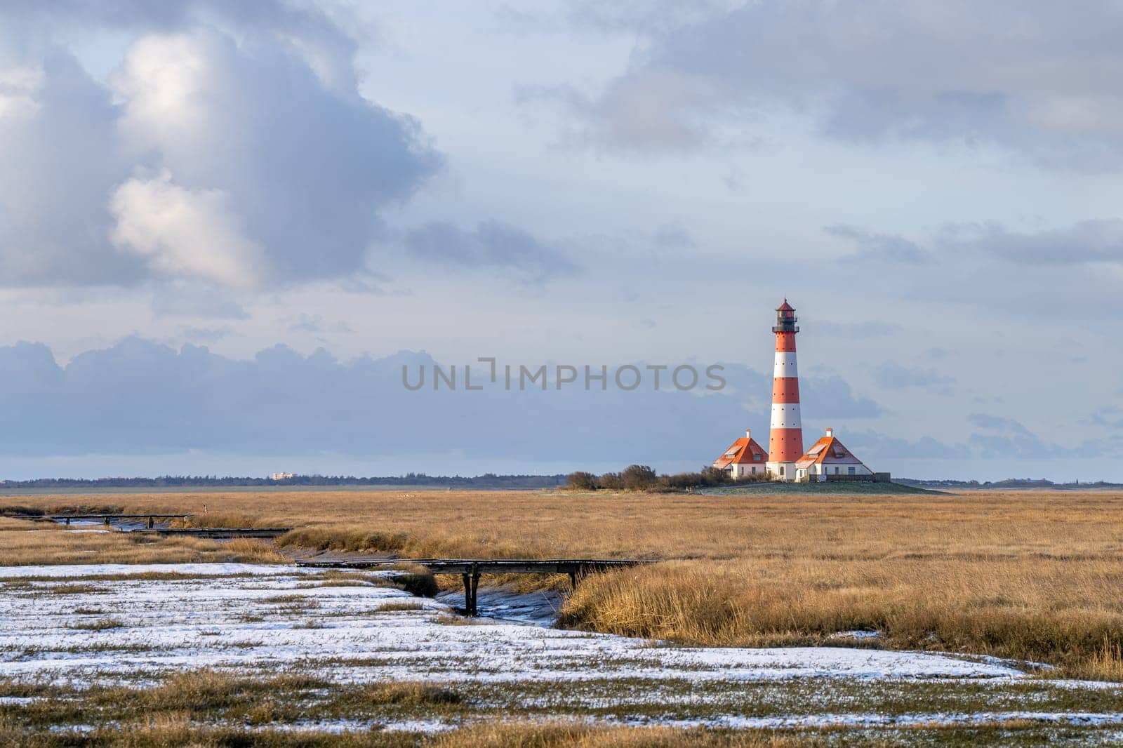 Panoramic image of Westerhever lighthouse against sky, North Frisia, Germany 