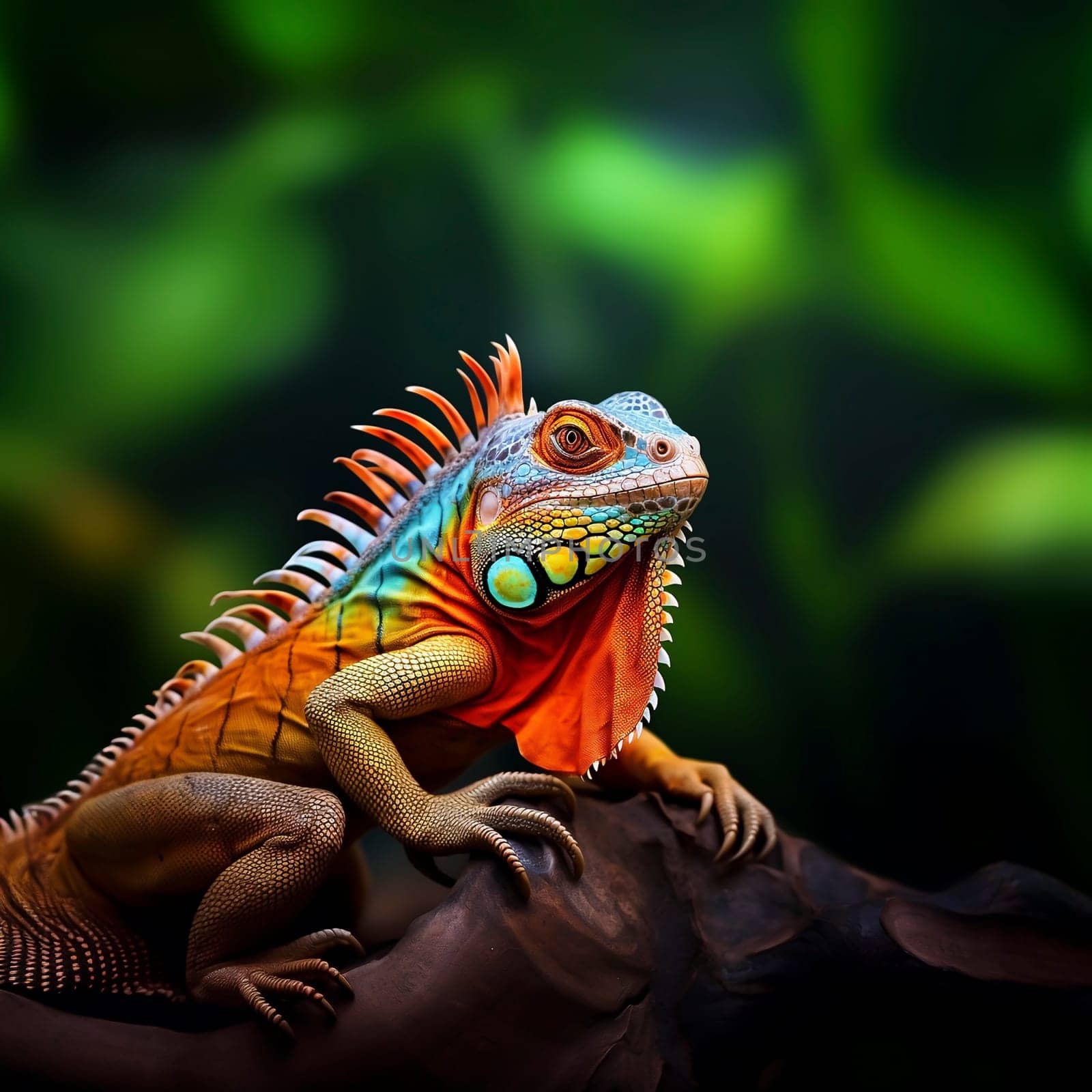Portrait Of Bright Colorful Iguana In Rainforest on Branch. Exotic Reptile, Wild Animal. Pet. AI Generated High quality illustration. Copy Space For Text