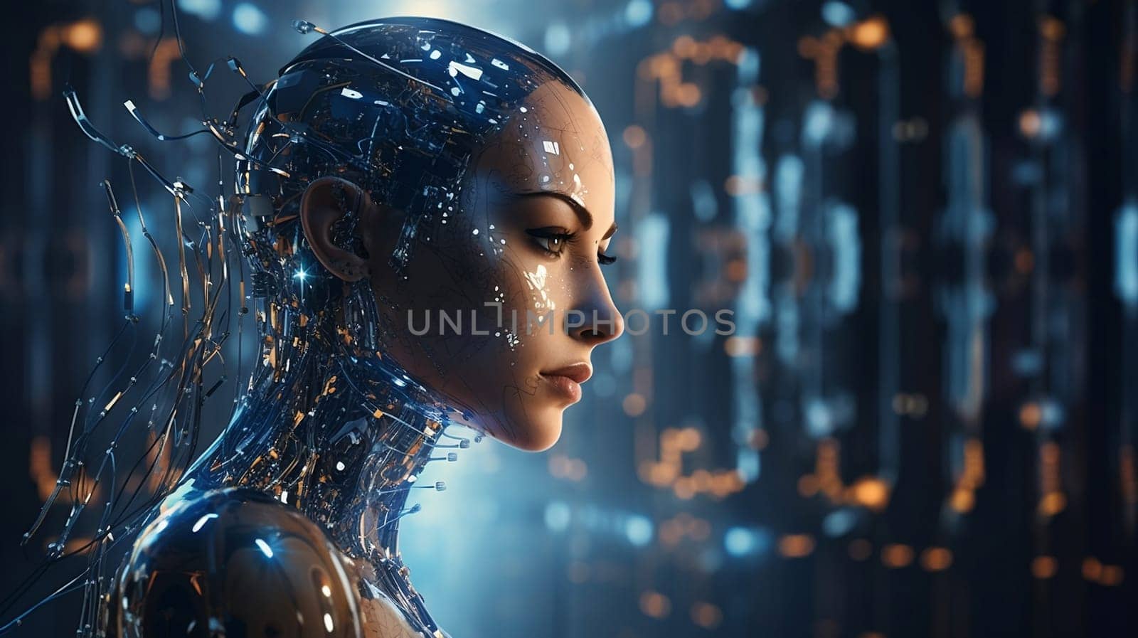 Female android face on dark background. Artificial intelligence concept. Futuristic robot head with technology neural system. AI
