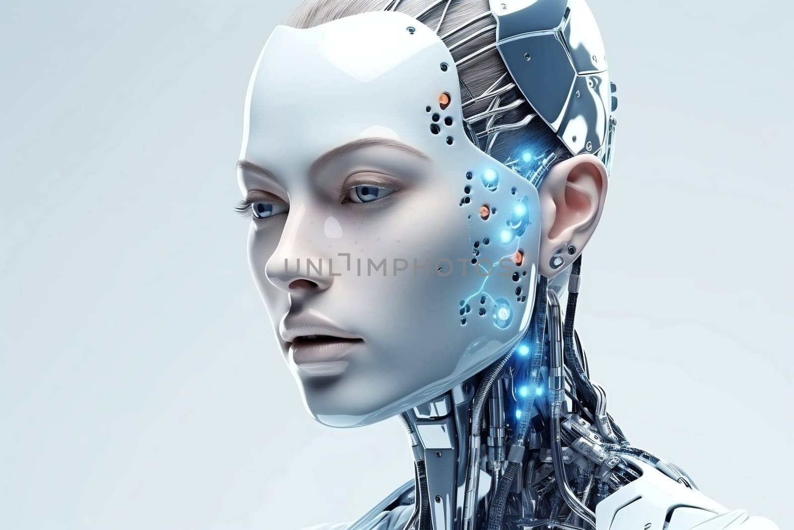 Female android face on dark background. Artificial intelligence concept. Futuristic robot head with technology neural system. AI